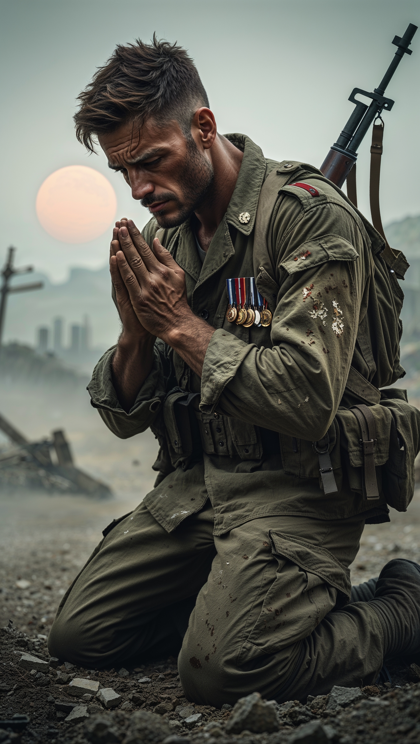 Soldier praying before battle