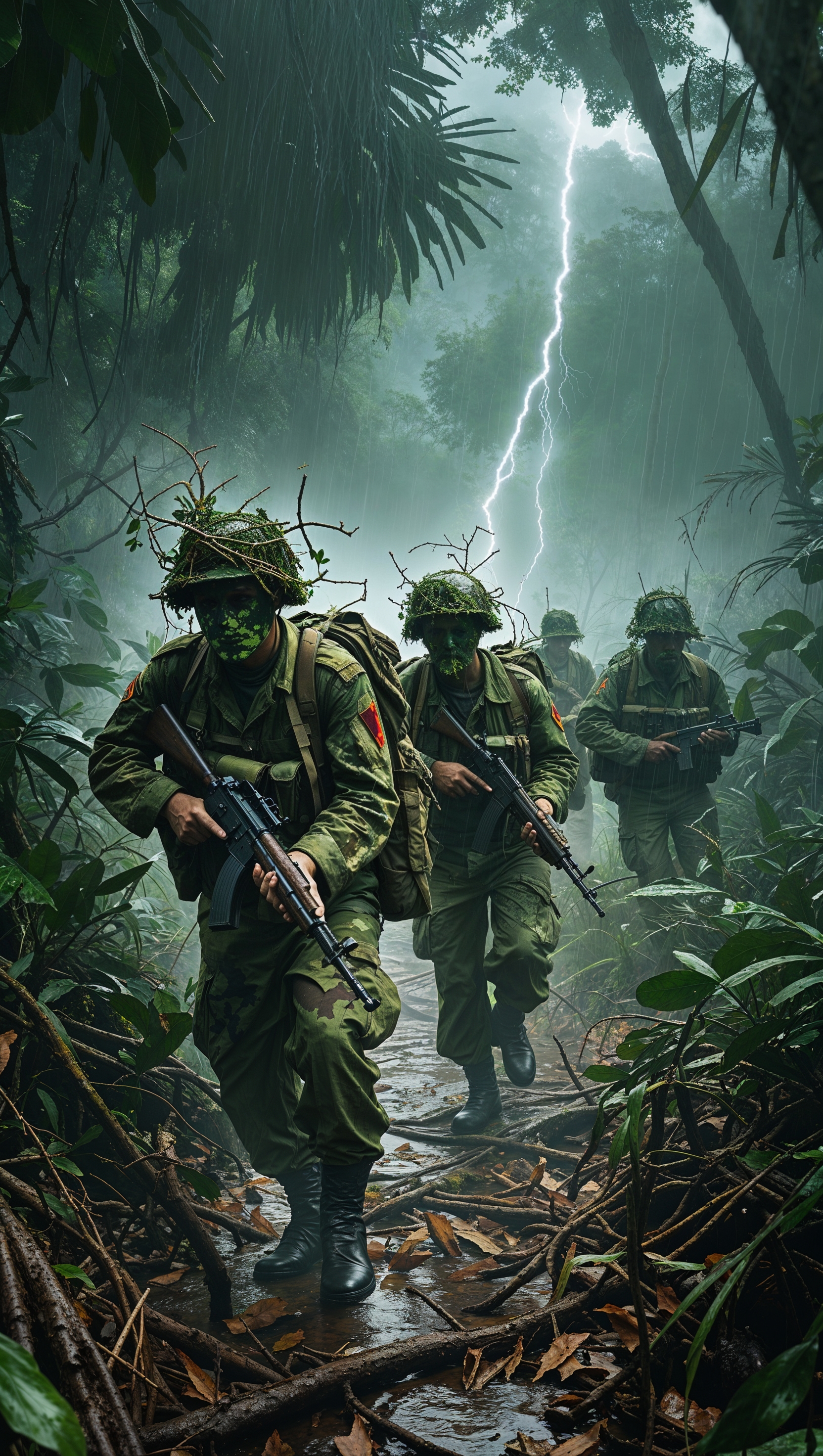 Camouflaged soldiers in a rainy jungle