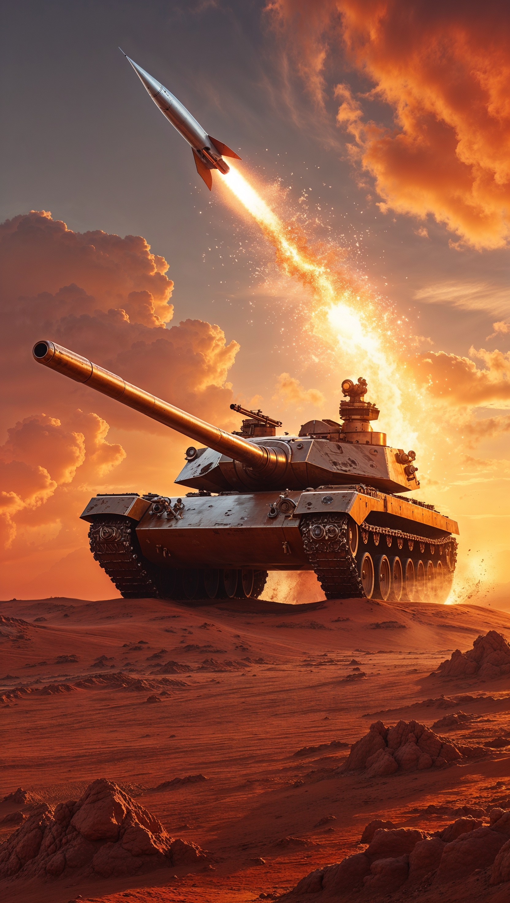 Missile launching from a tank during a fiery sunset