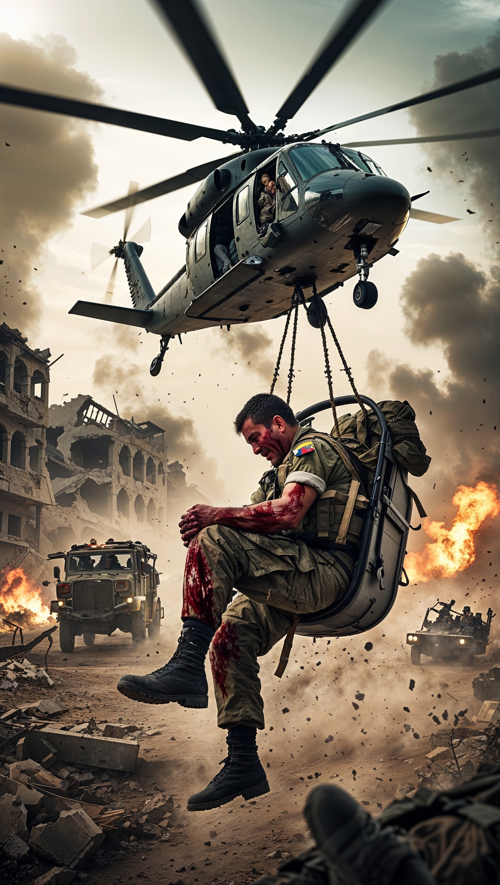 Helicopter rescuing a wounded soldier from the battlefield