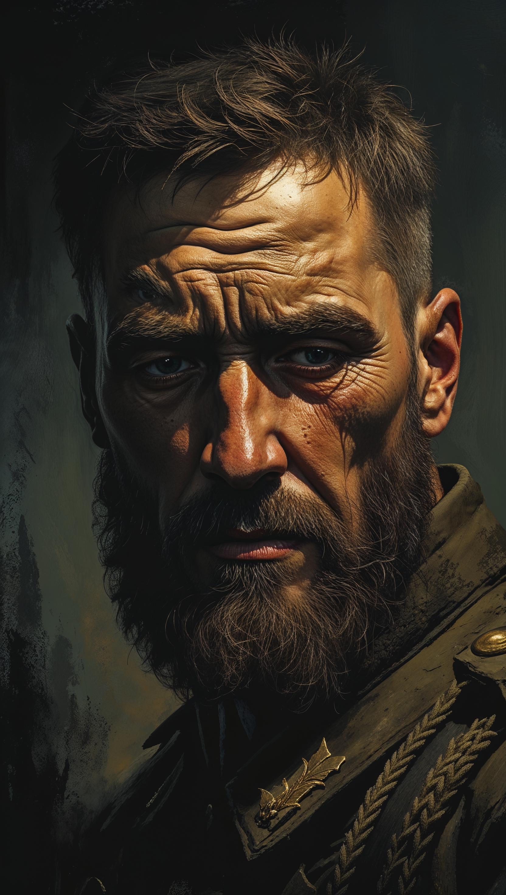Dramatic portrait of a tired commander’s face