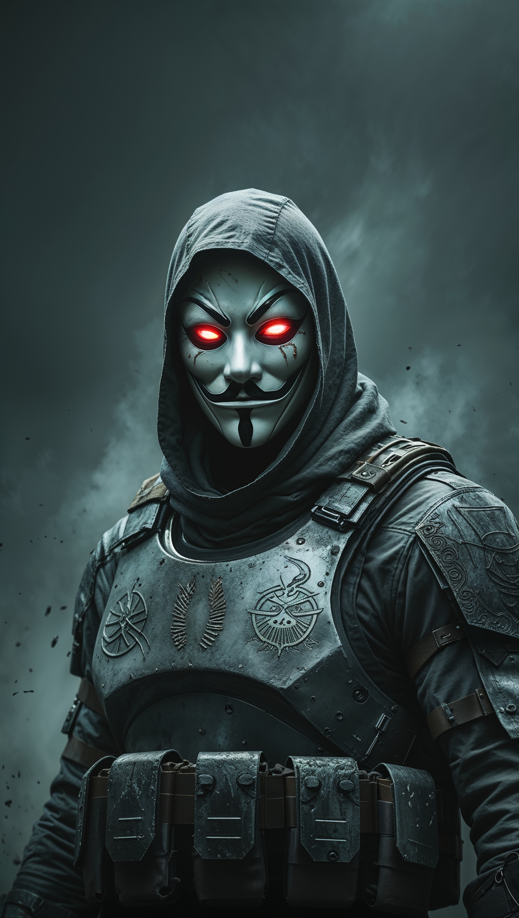 Masked soldier with glowing red eyes in a dark background