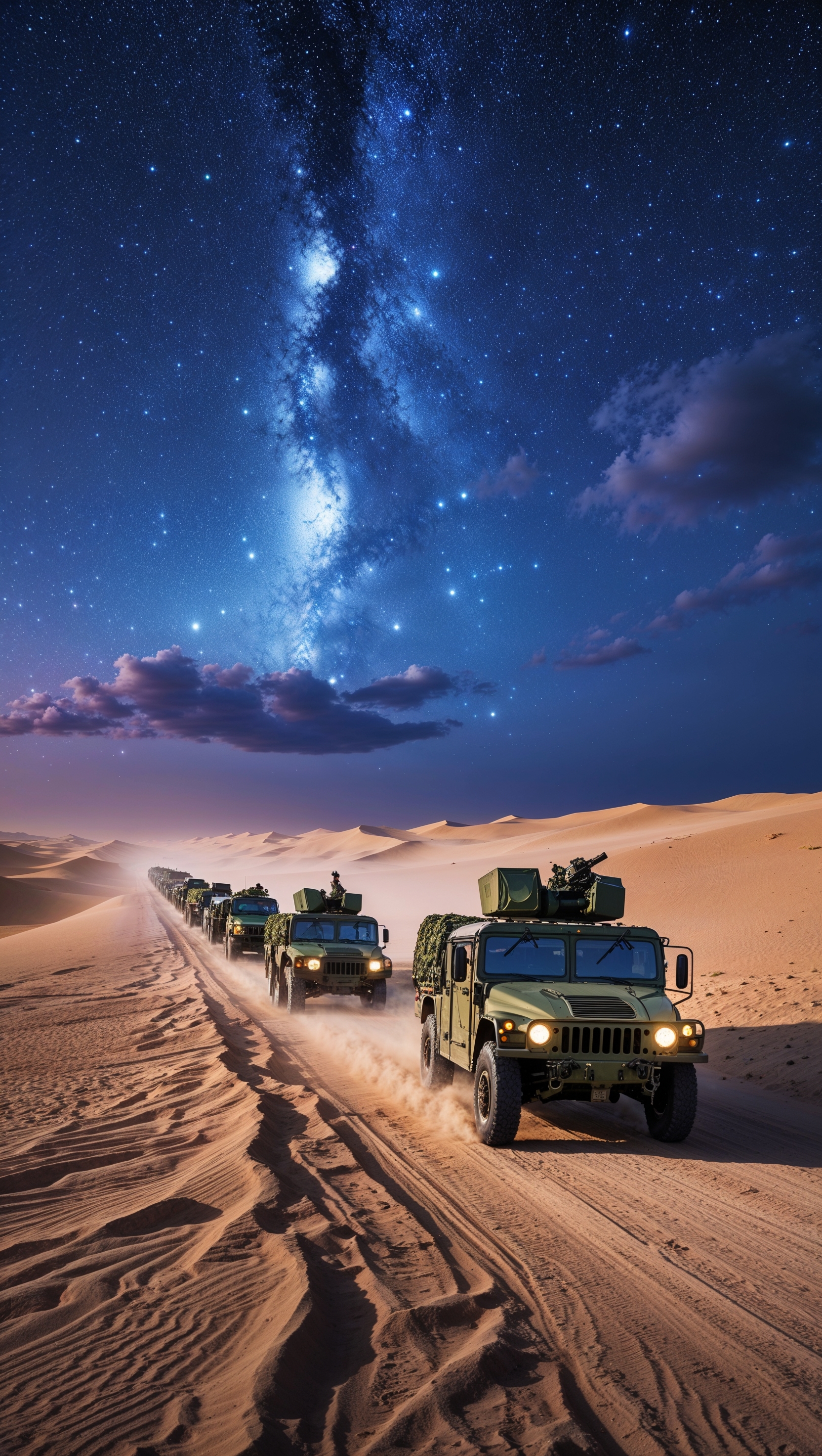 Military convoy in the desert under a starry sky