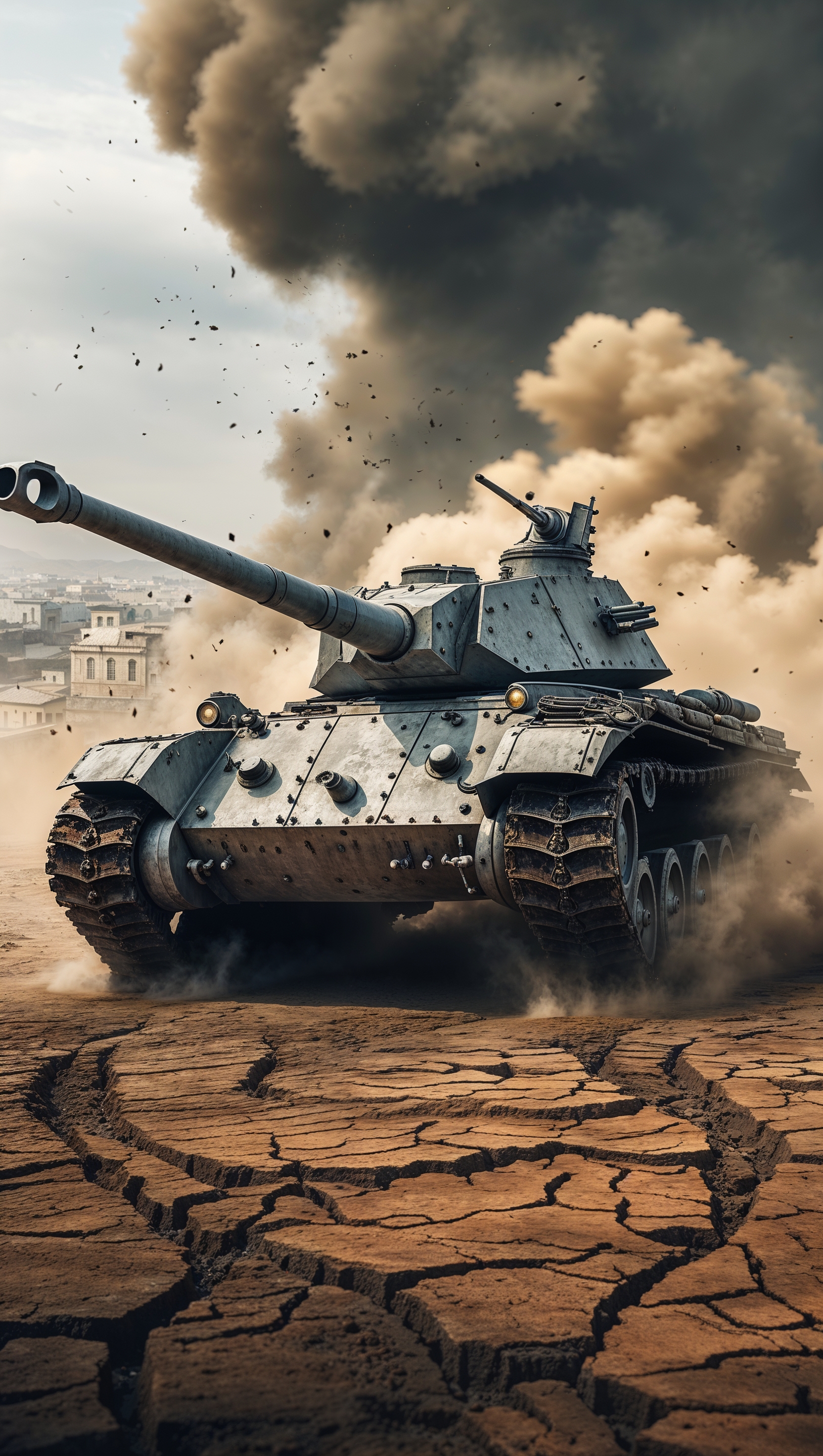 Powerful tank moving through dust and smoke
