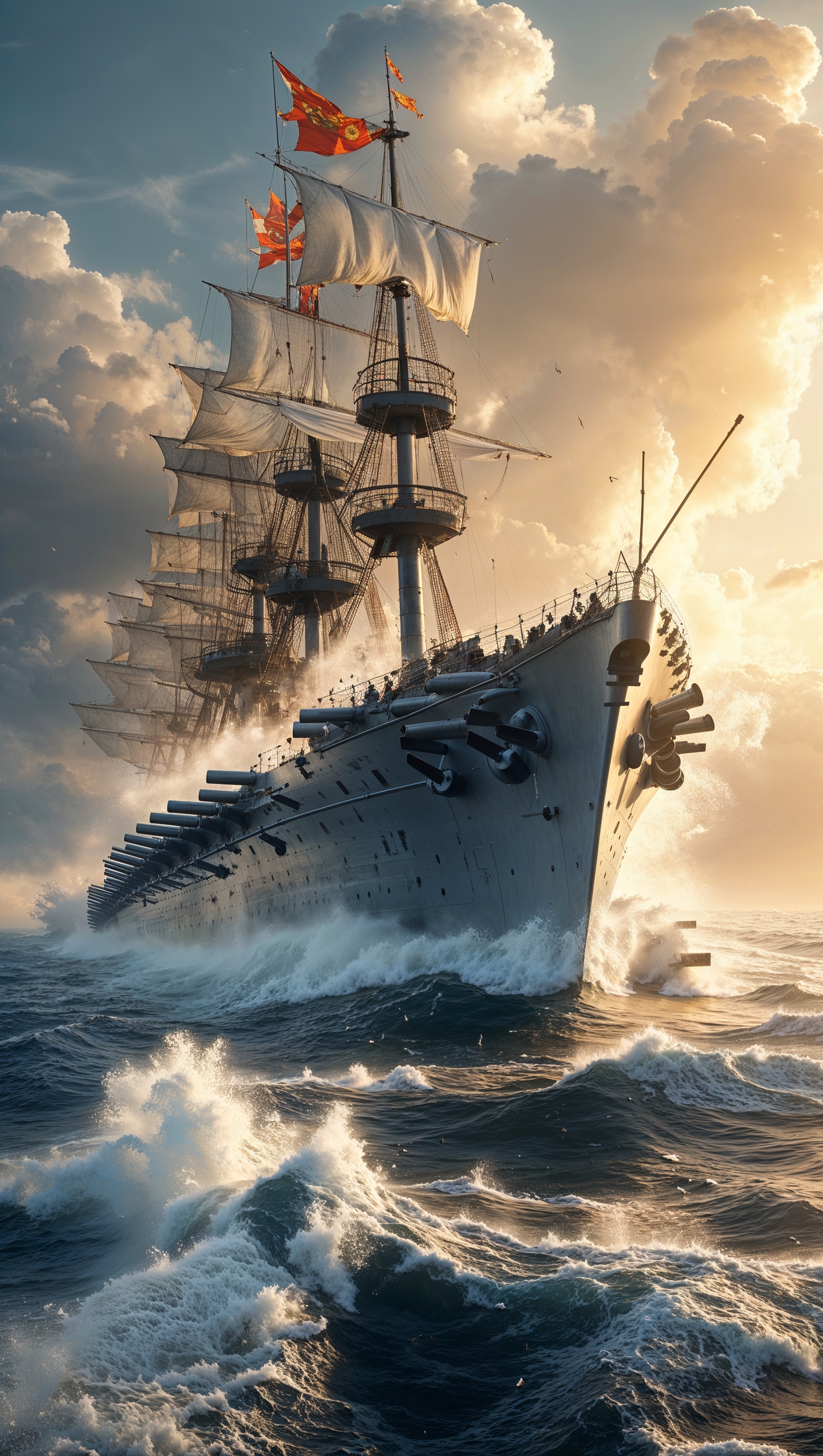 Massive warship on the sea with crashing waves