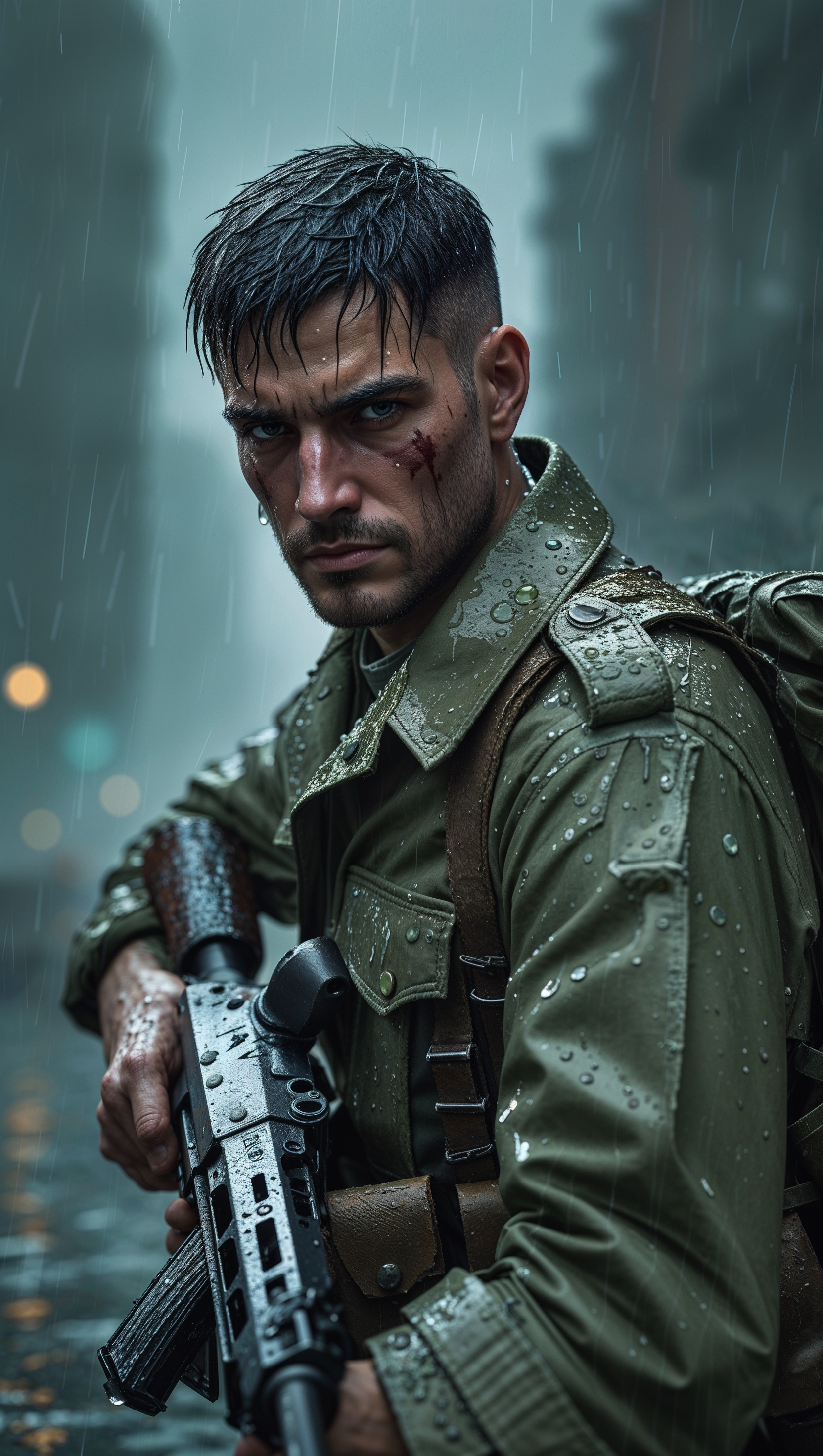 Lone soldier in the rain holding a weapon