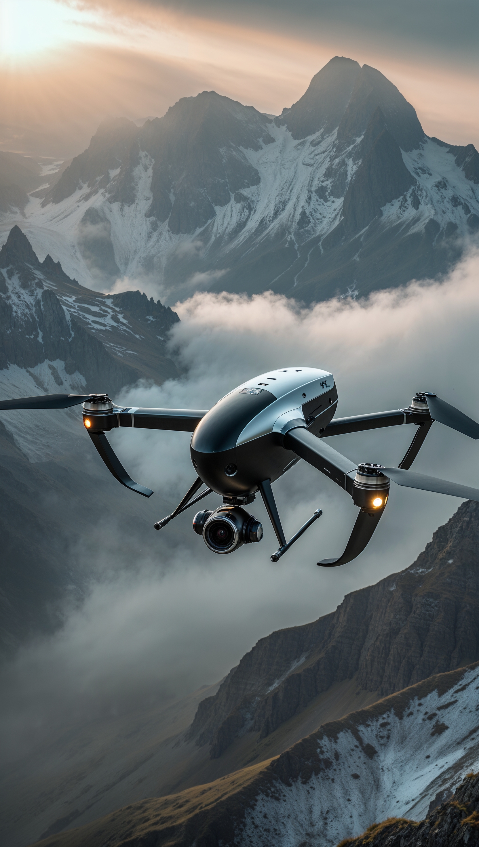 Reconnaissance drone flying over mountains