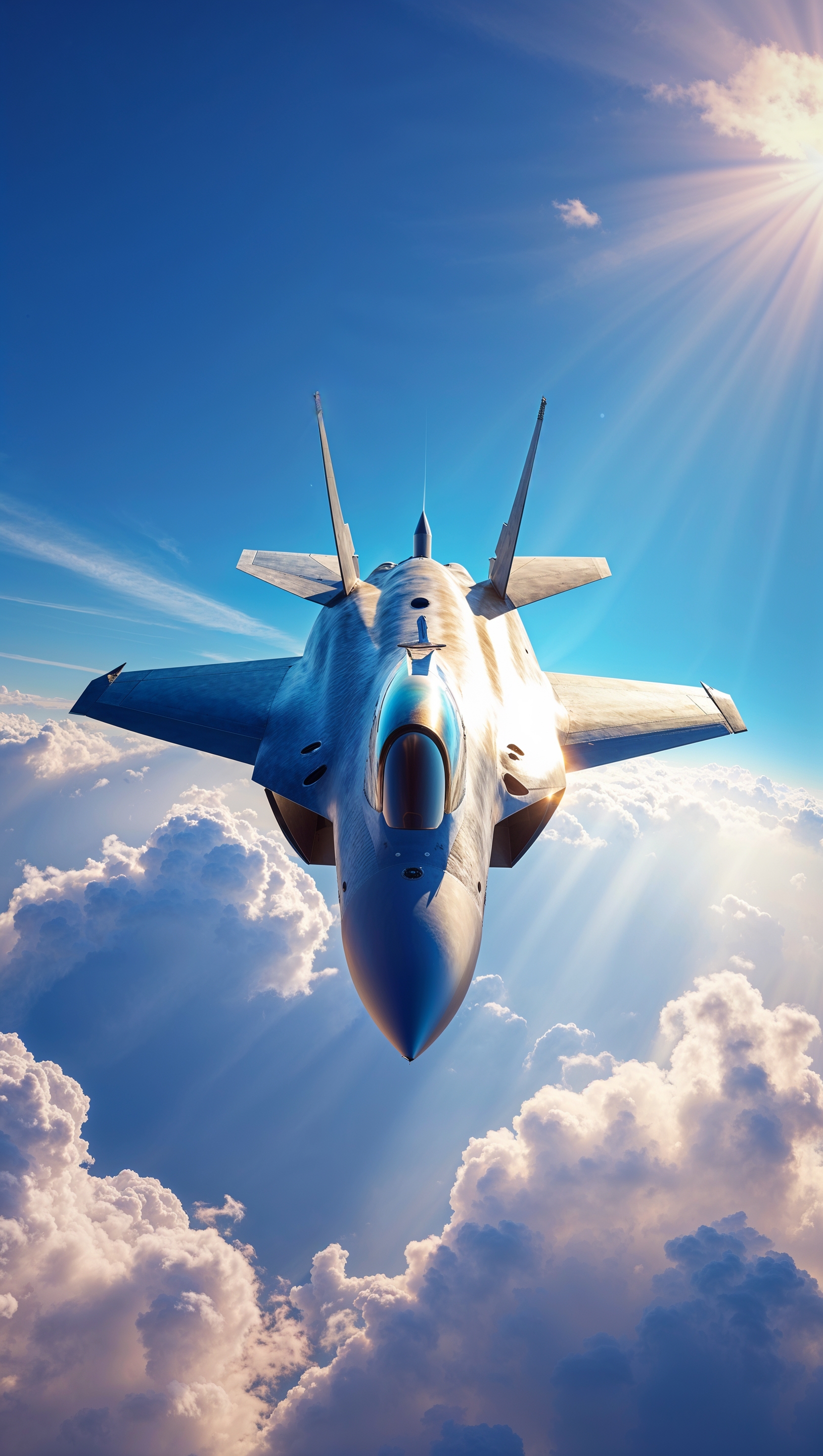 Fighter jet in a blue sky with sunlight