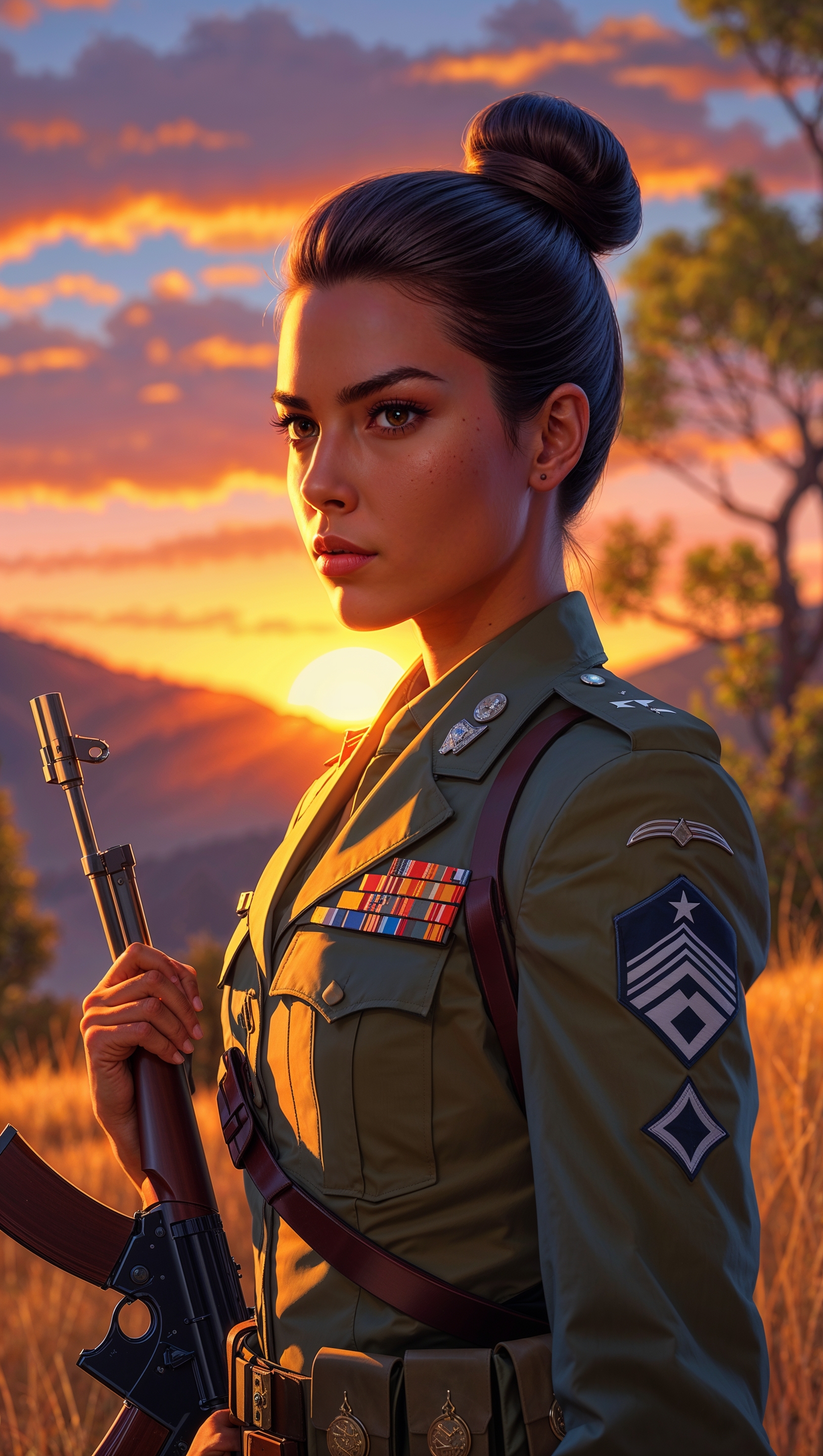 Strong female soldier in military uniform at sunset