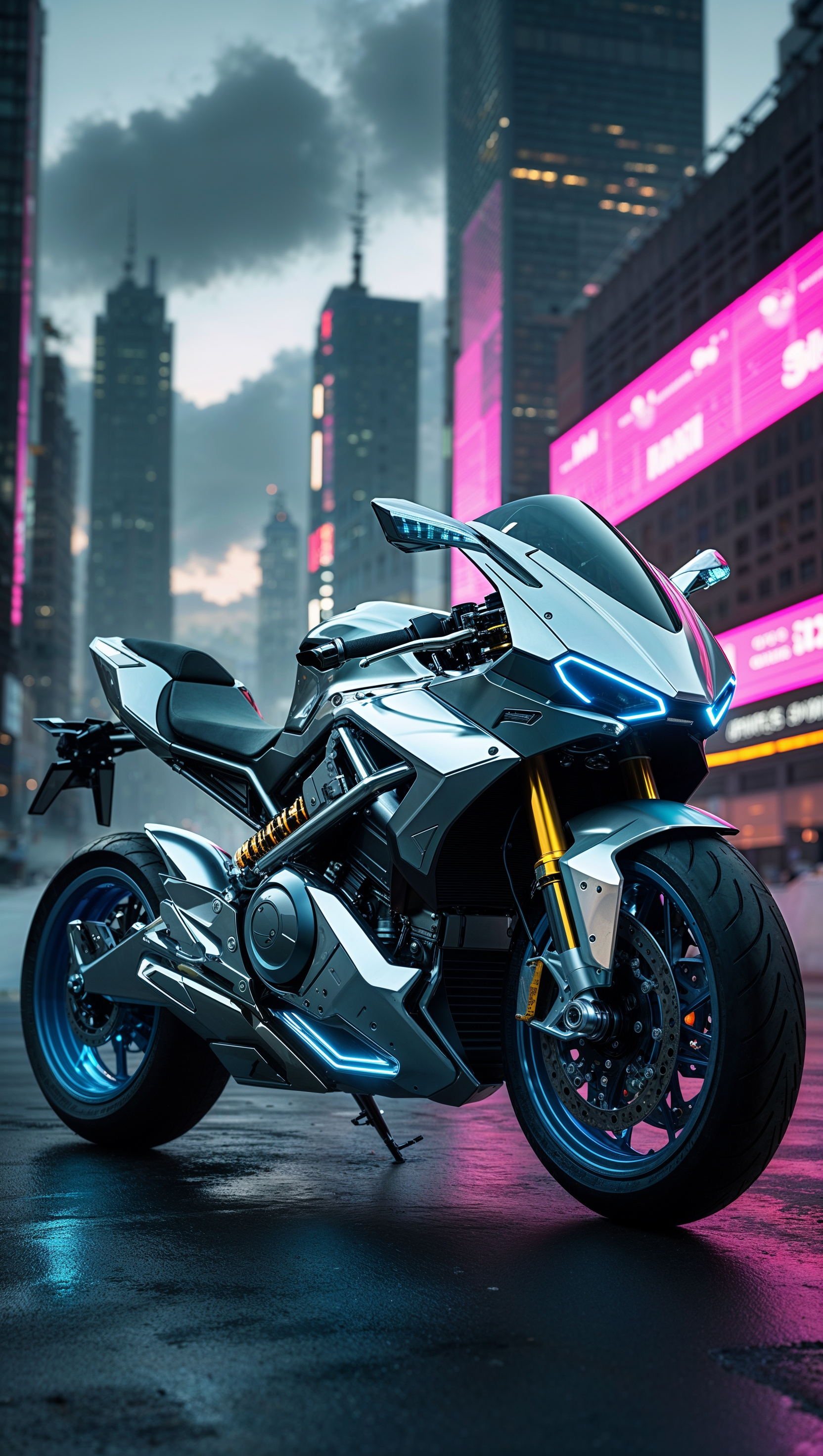 Futuristic motorcycle with cyberpunk design