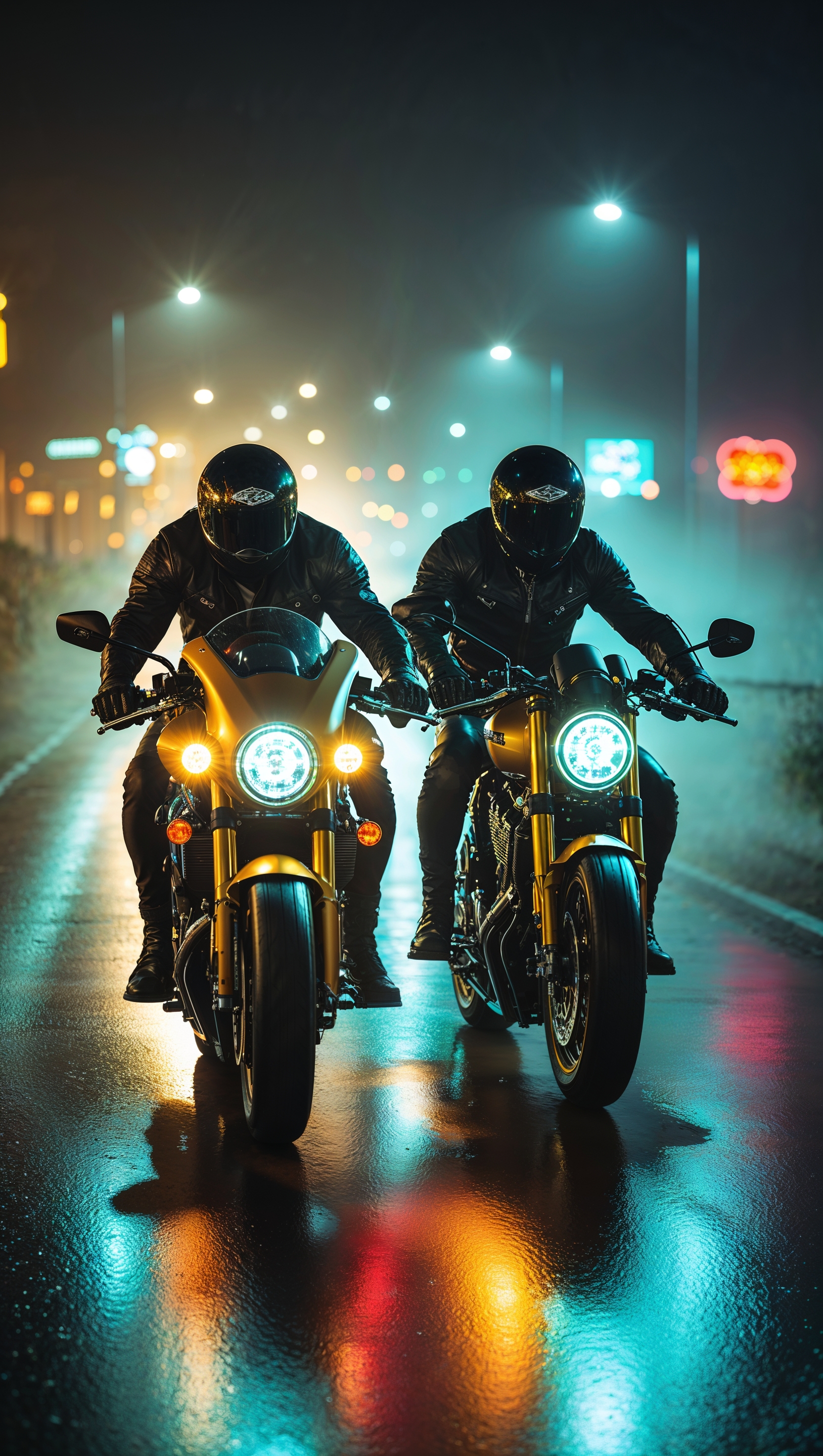 Two motorcycles racing at night with dramatic lighting