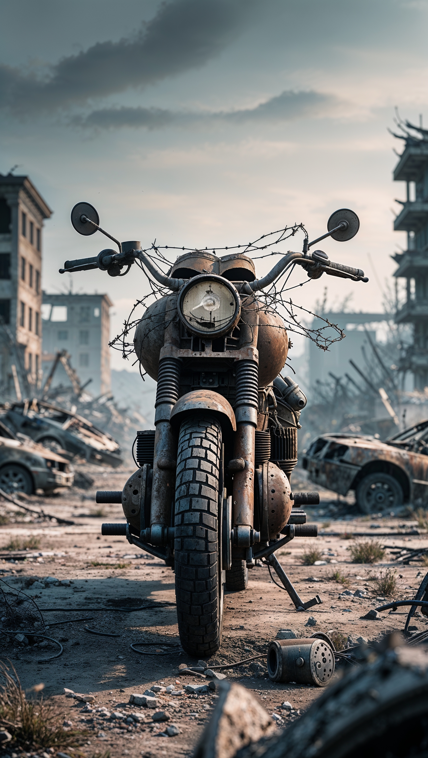 Military motorcycle in a post-apocalyptic battlefield