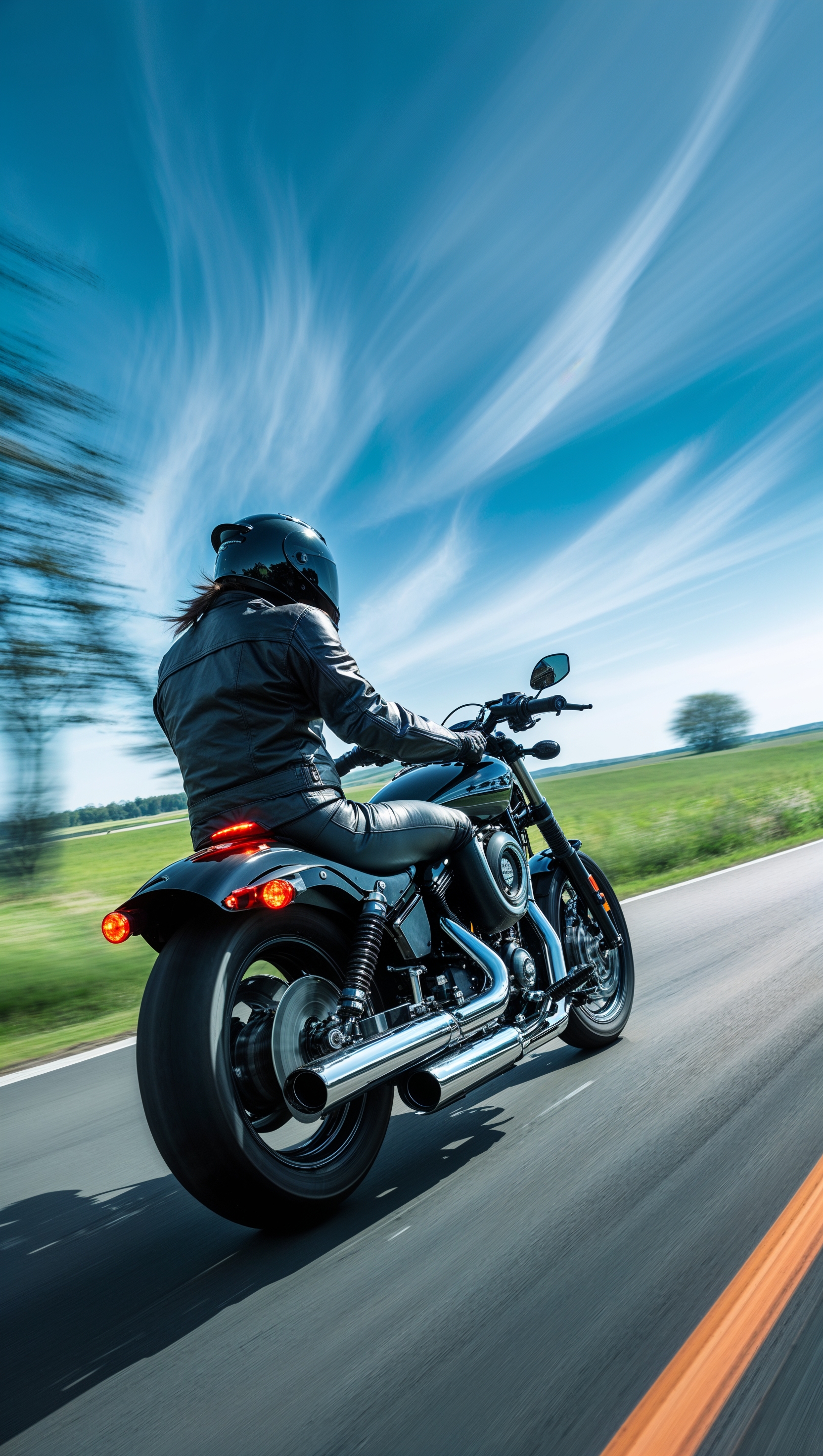 A motorcycle speeding on a highway with motion blur effect