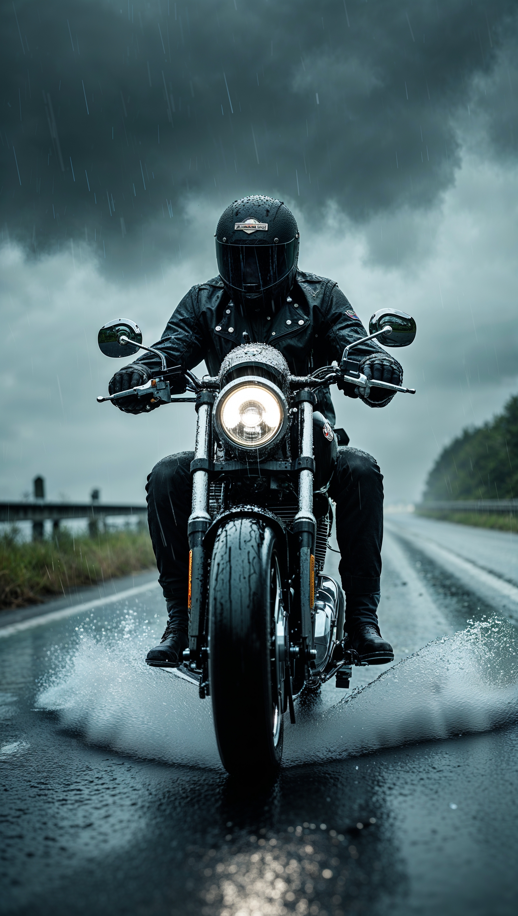 Motorcycle riding on a rainy road