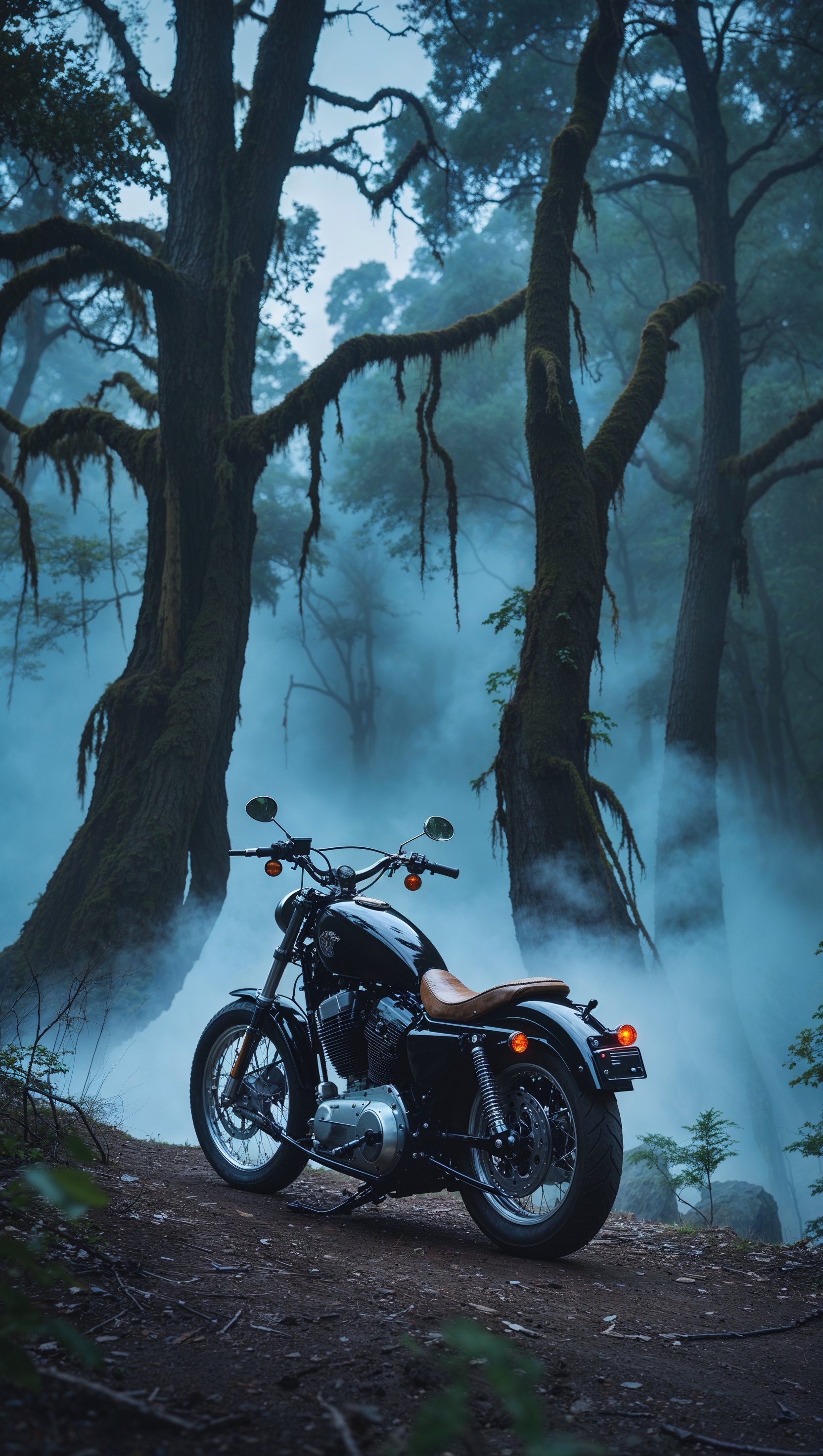 A motorcycle in a foggy forest with an adventurous vibe