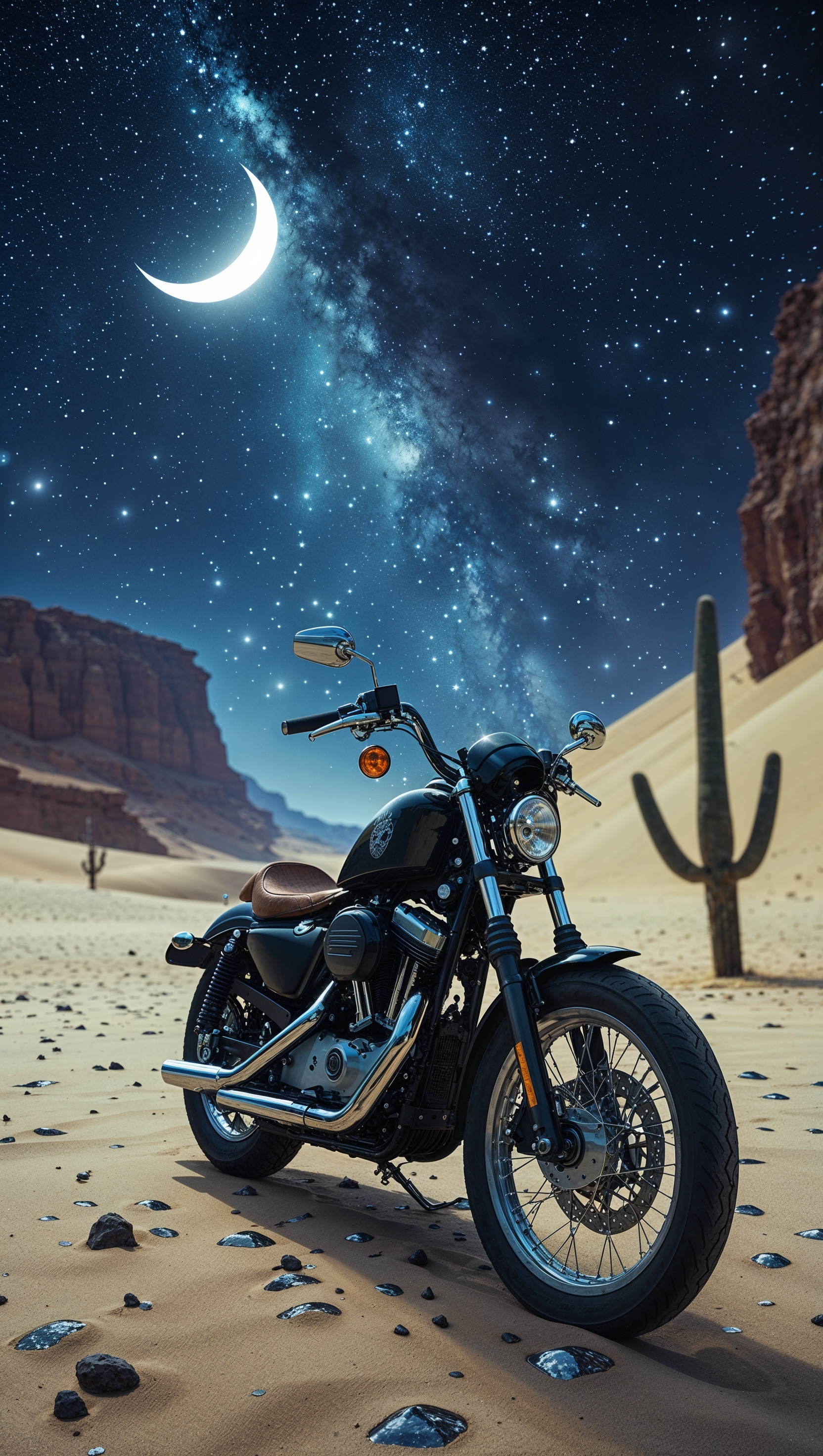 A motorcycle in the desert under a starry sky