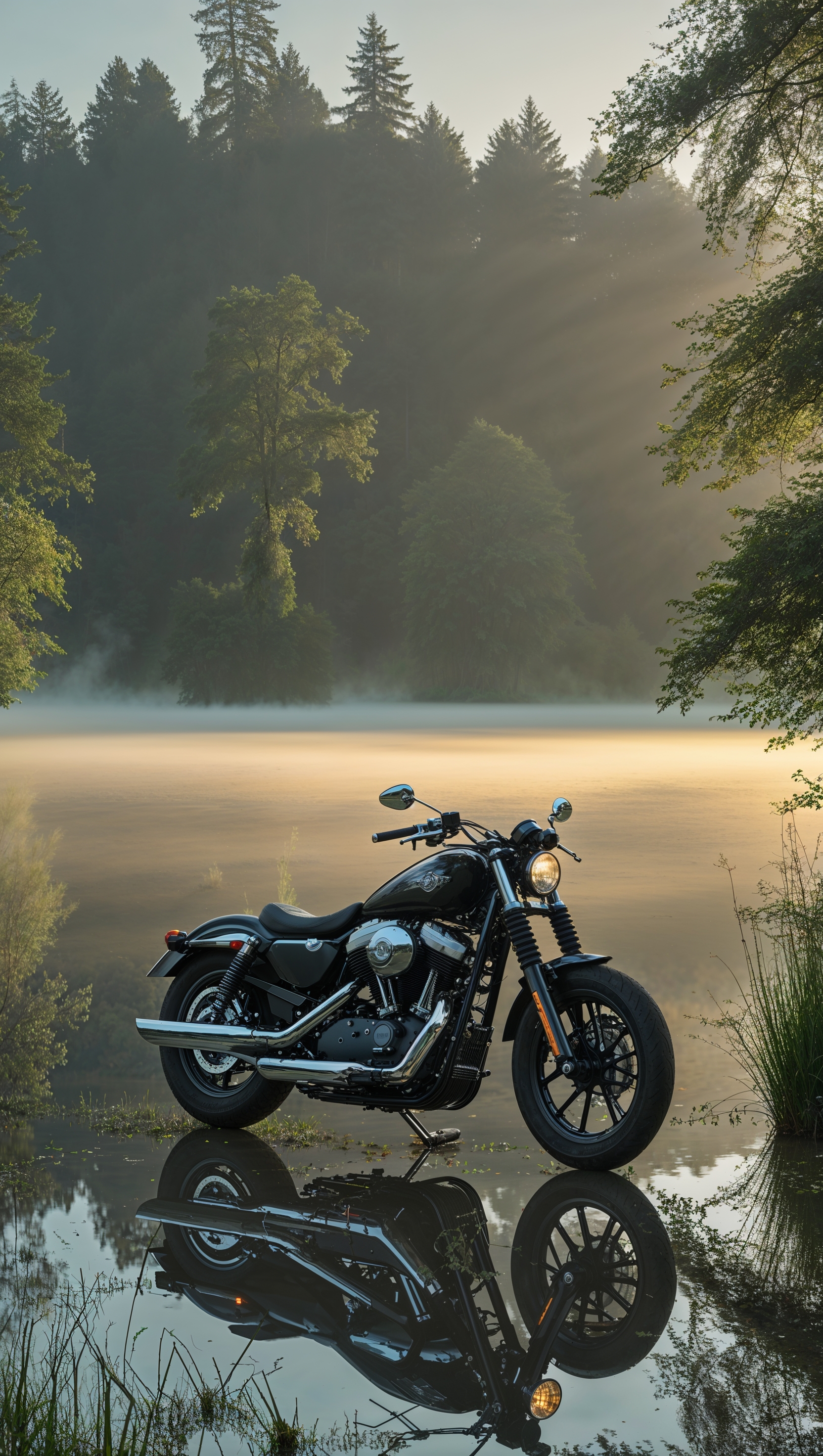Motorcycle beside a calm lake in misty morning