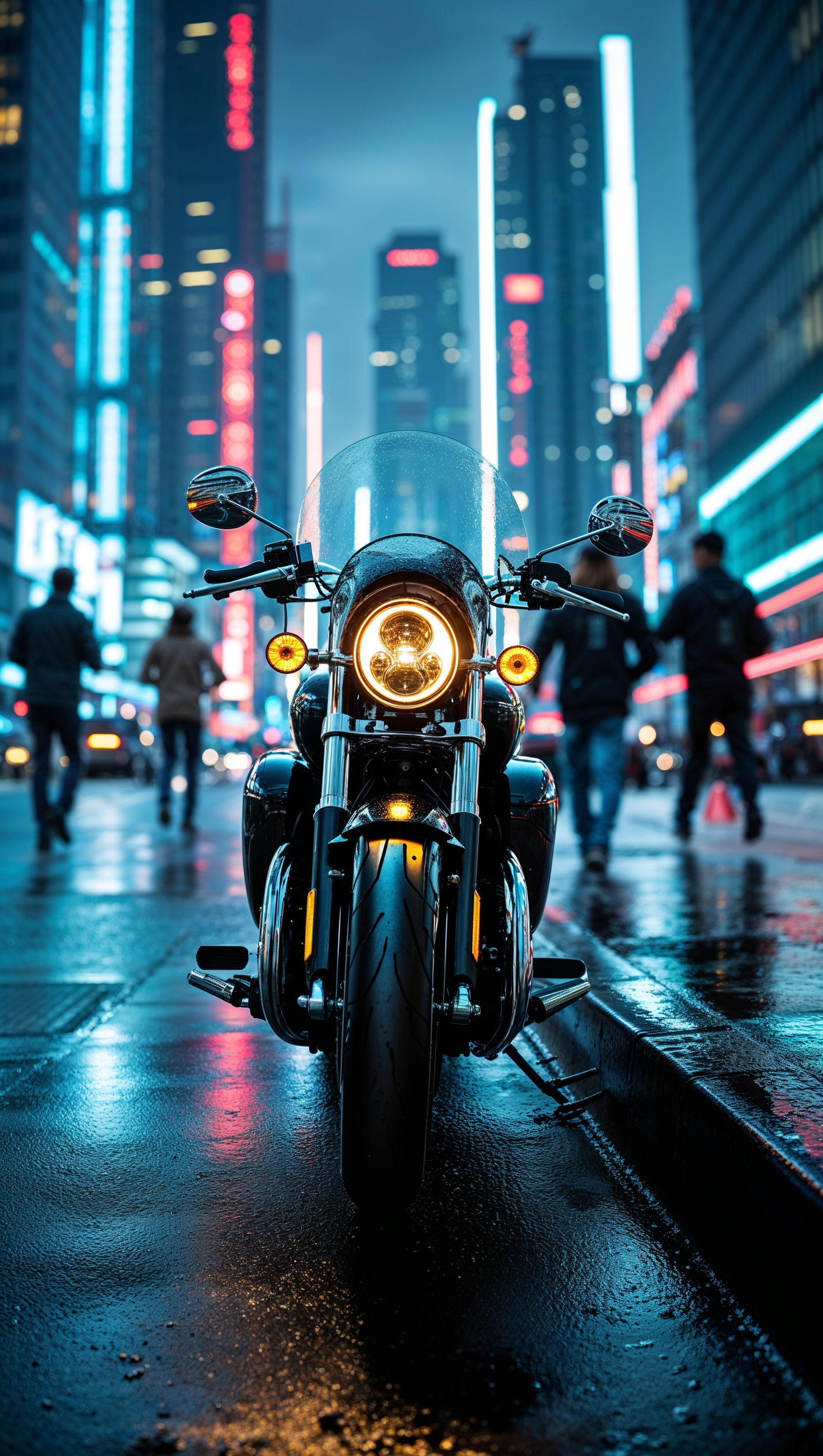 Motorcycle in a modern city street at night