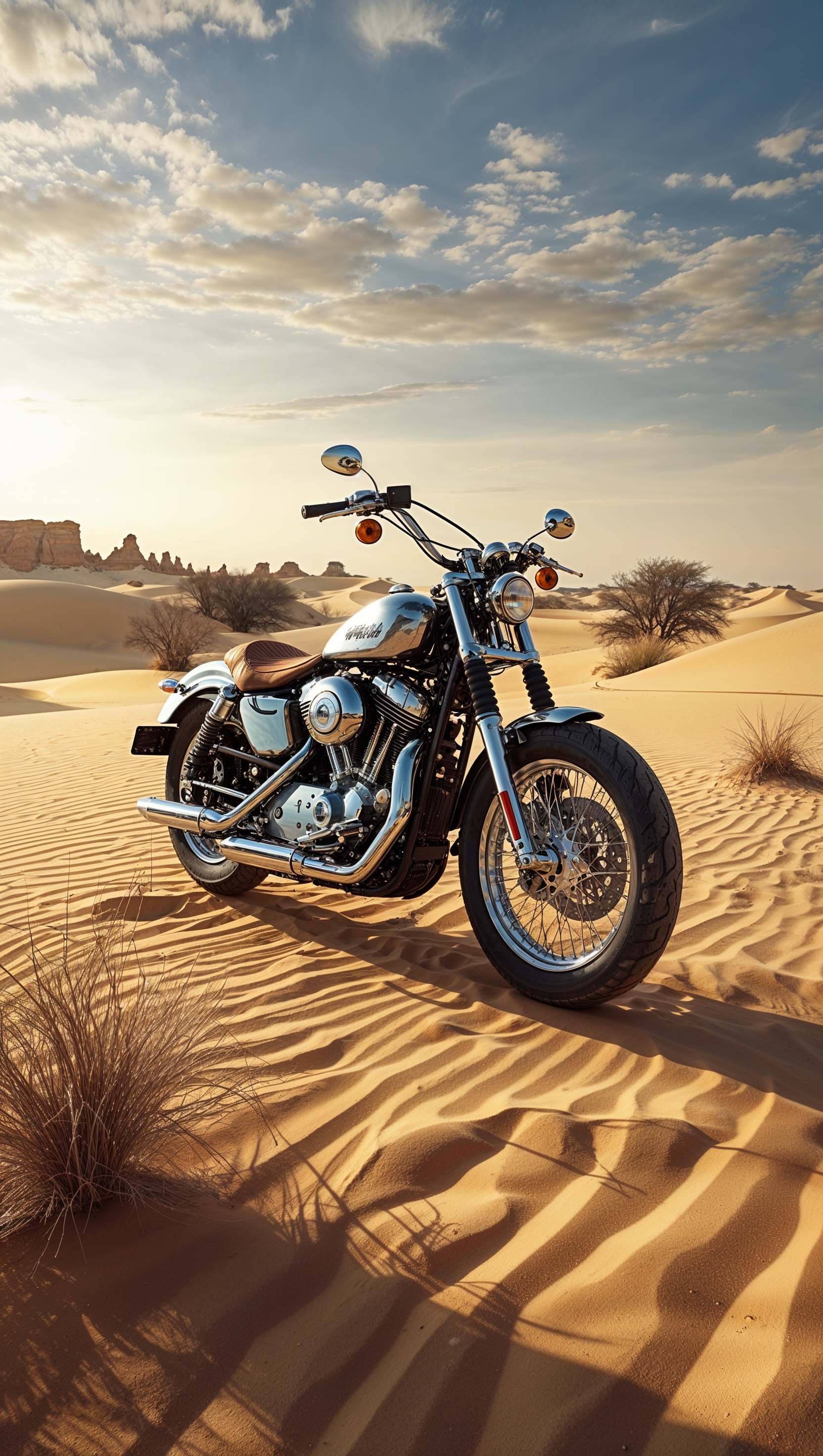 Motorcycle in the heart of the desert with golden sands