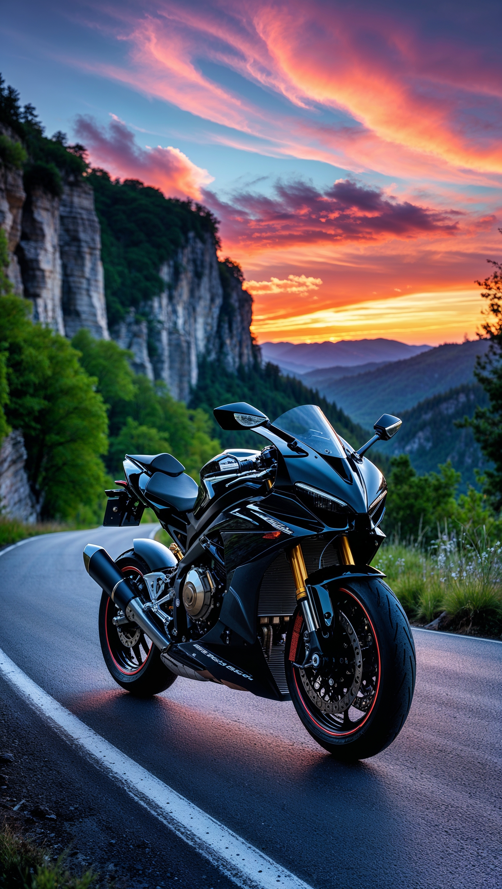 A sport motorcycle on a mountain road at sunset