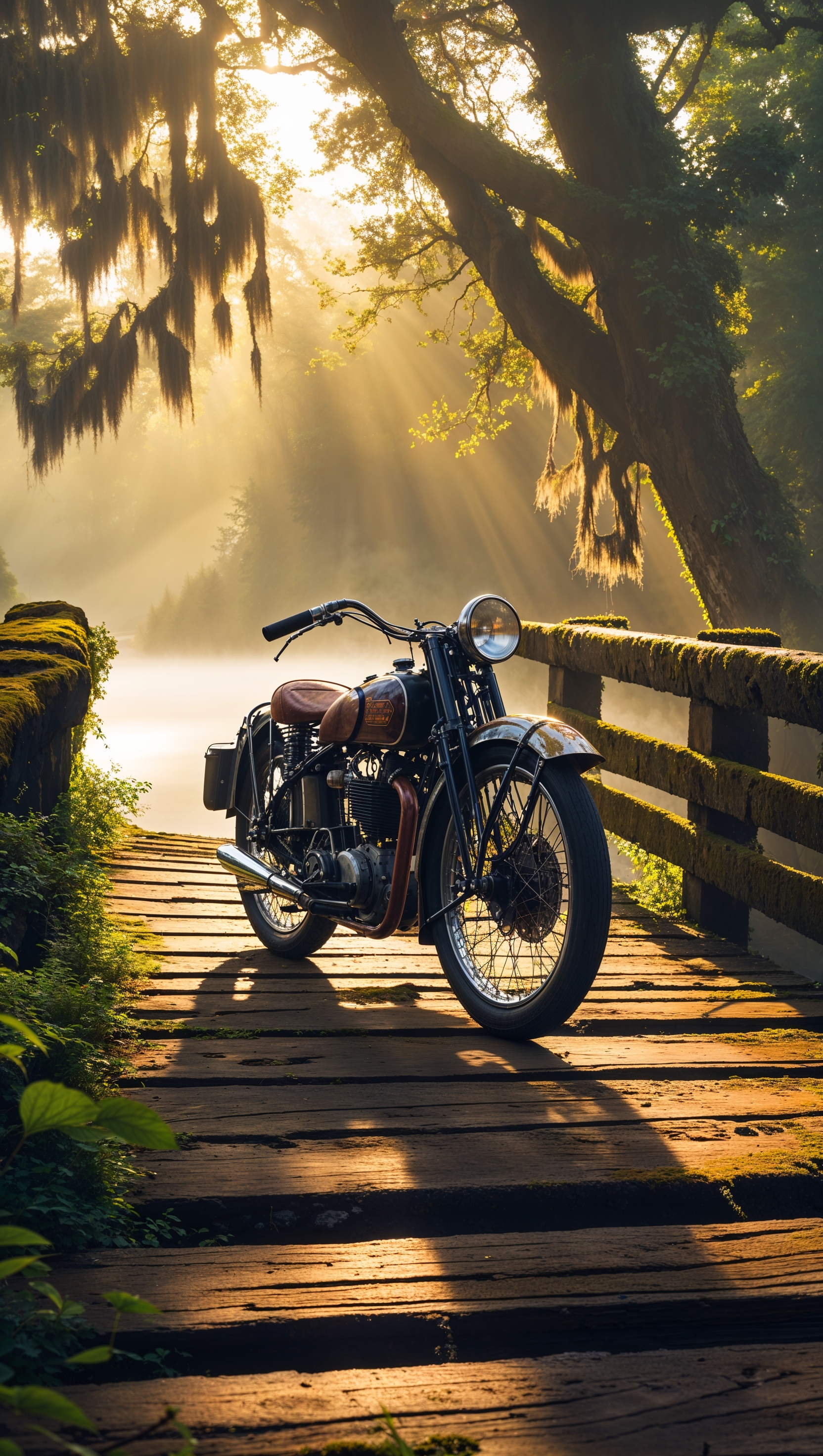 Motorcycle on an old bridge with natural lighting