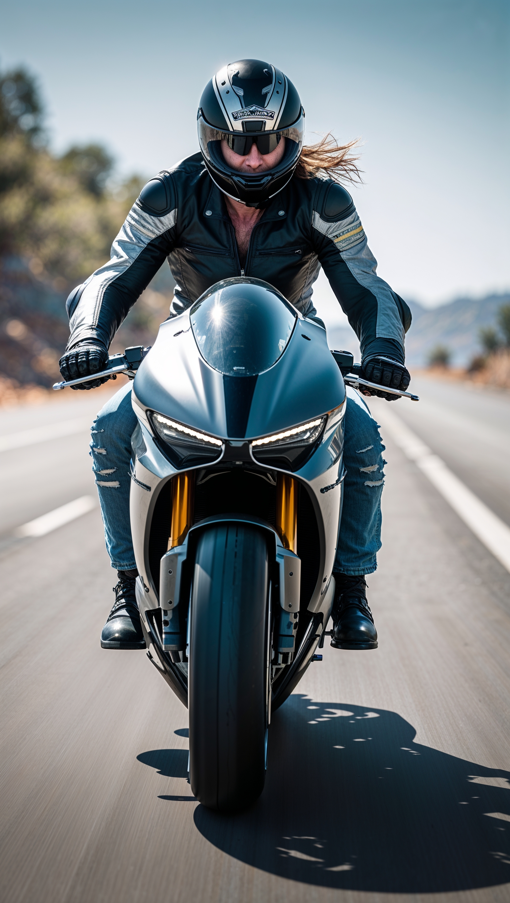 Masked biker riding at high speed