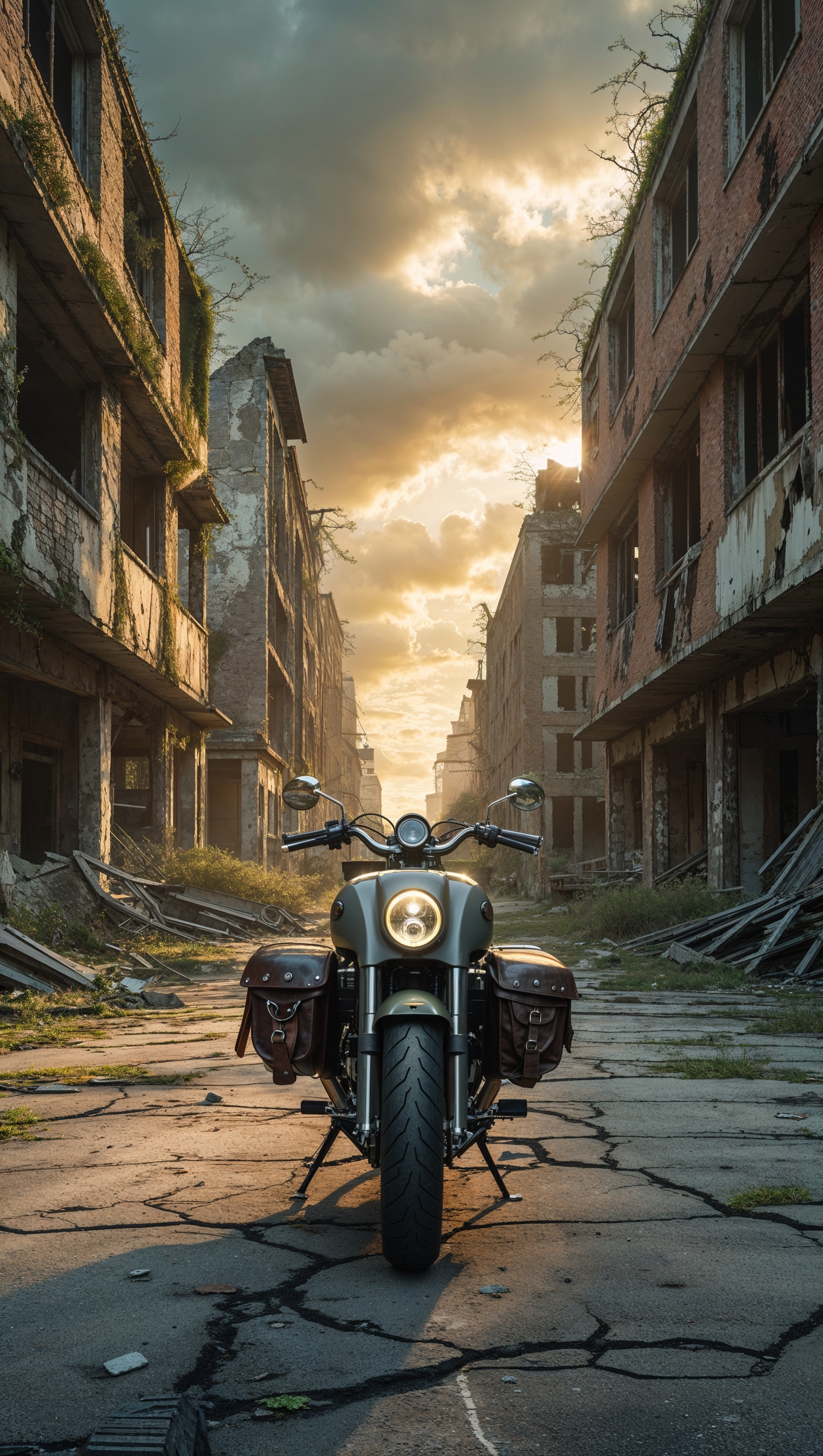Motorcycle in an abandoned city with ruined buildings