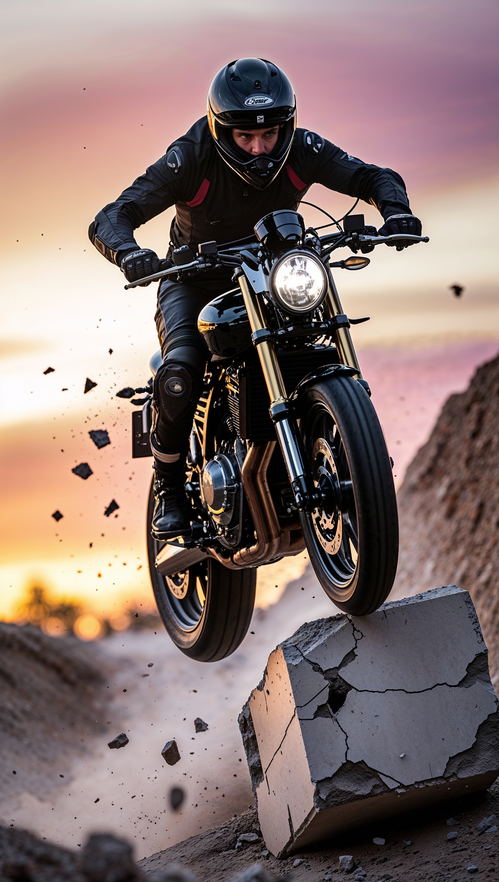 Motorcycle jumping over an obstacle in an action scene
