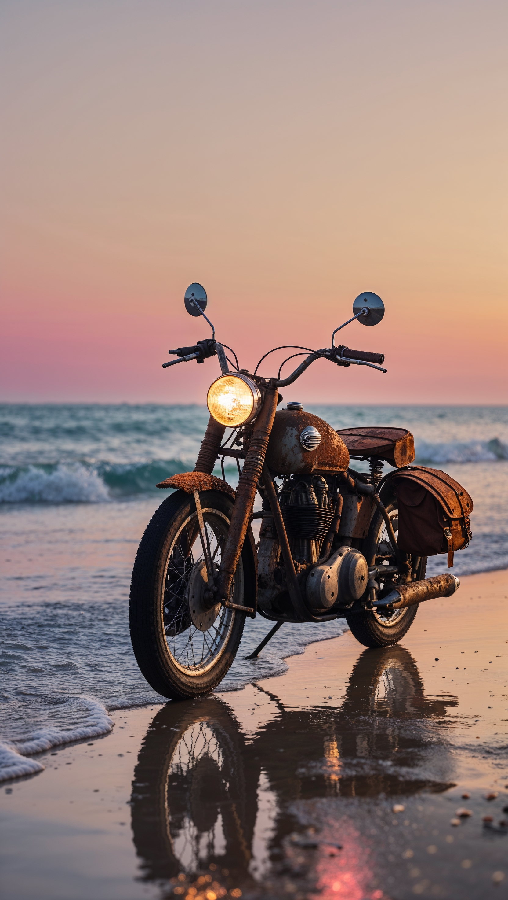 Motorcycle on the beach with a sunset background