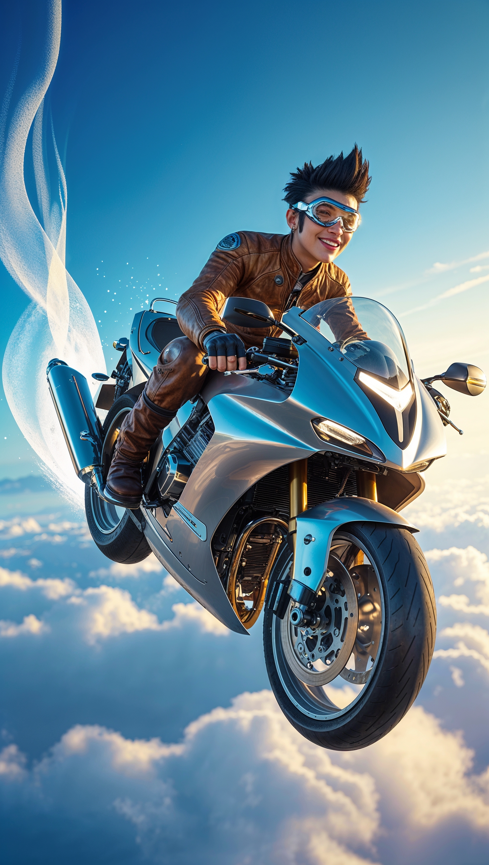 Fantasy wallpaper of a flying motorcycle in the sky