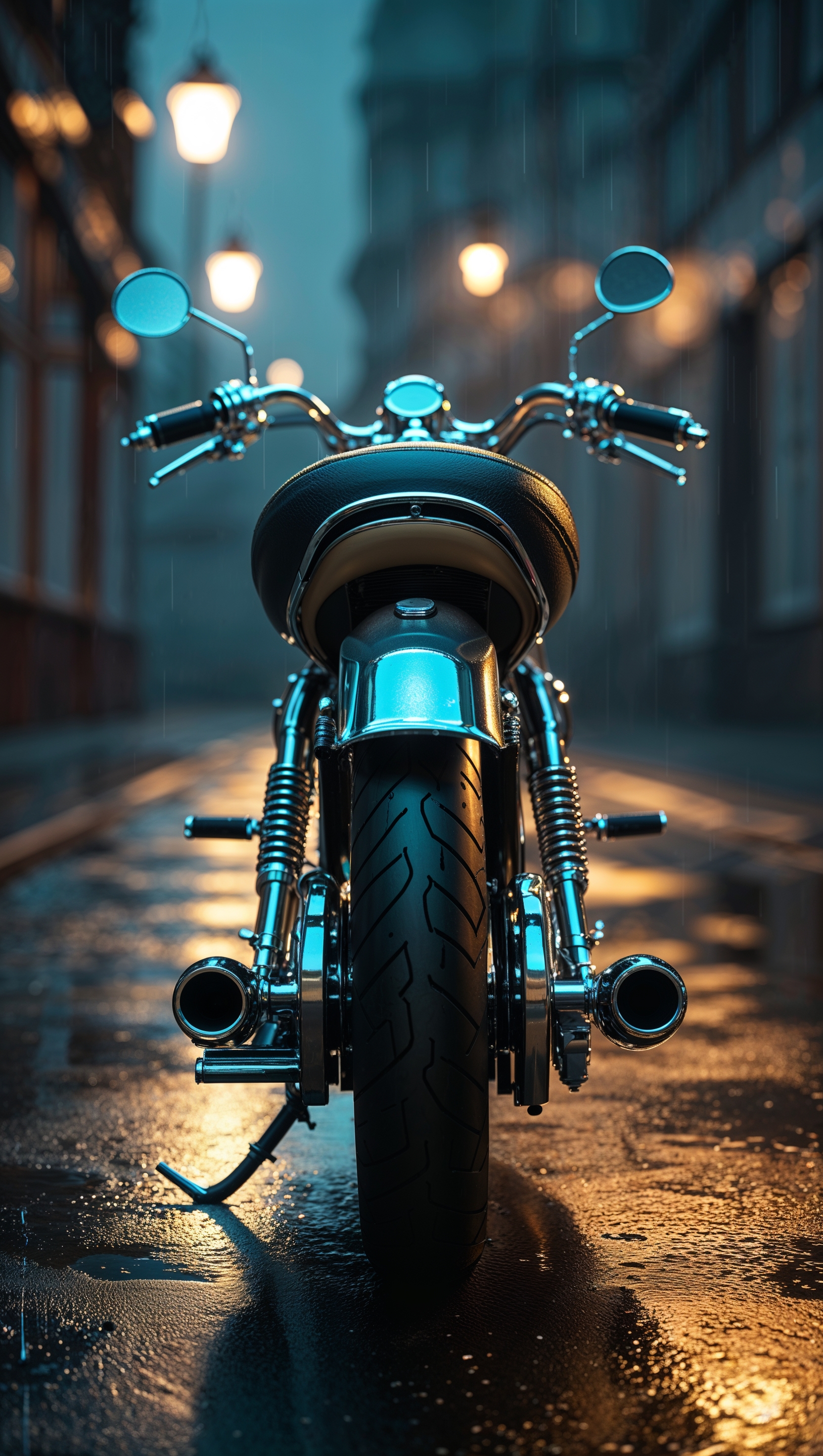 A classic motorcycle on a wet street at night