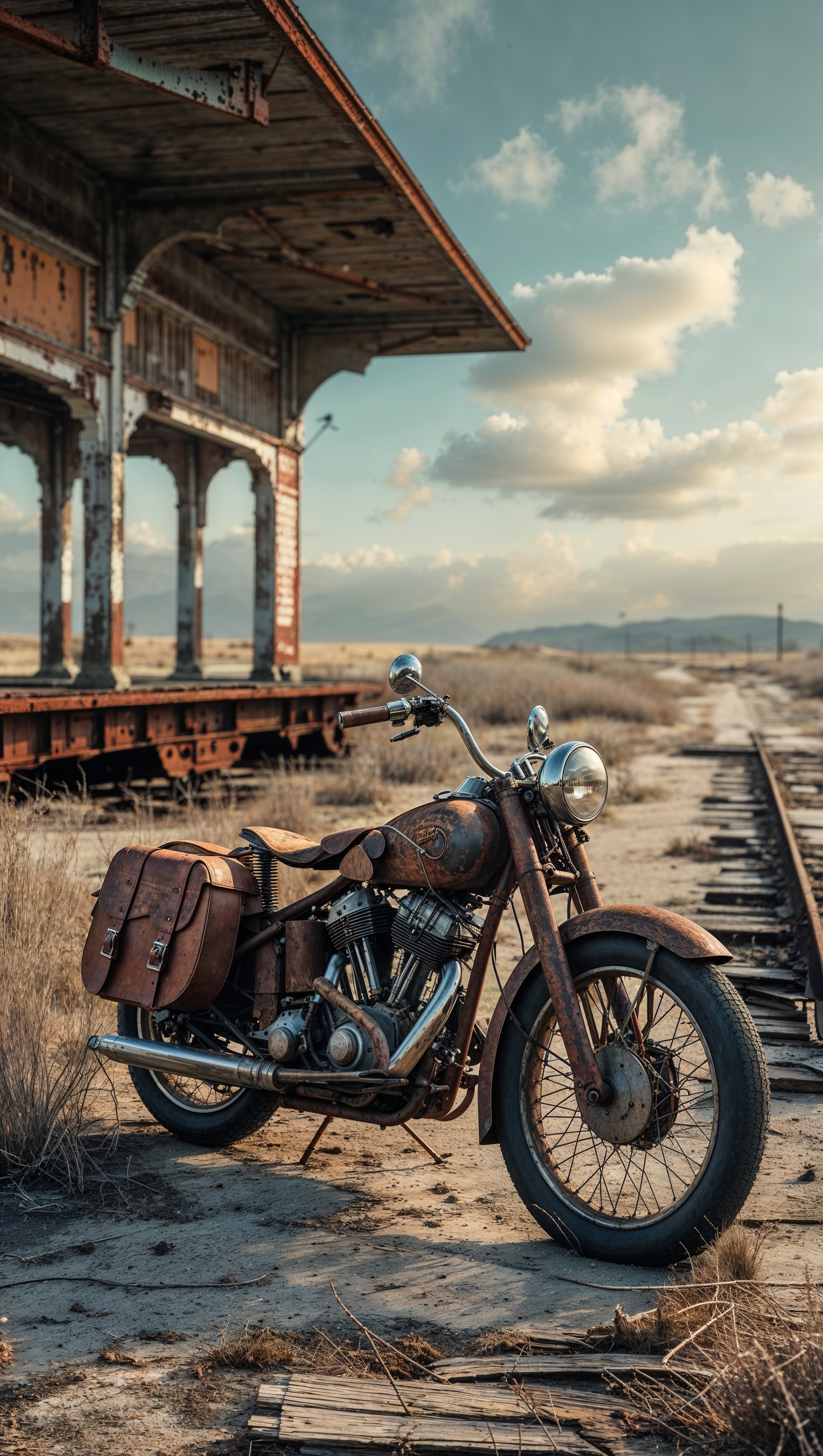 Vintage motorcycle beside an abandoned station