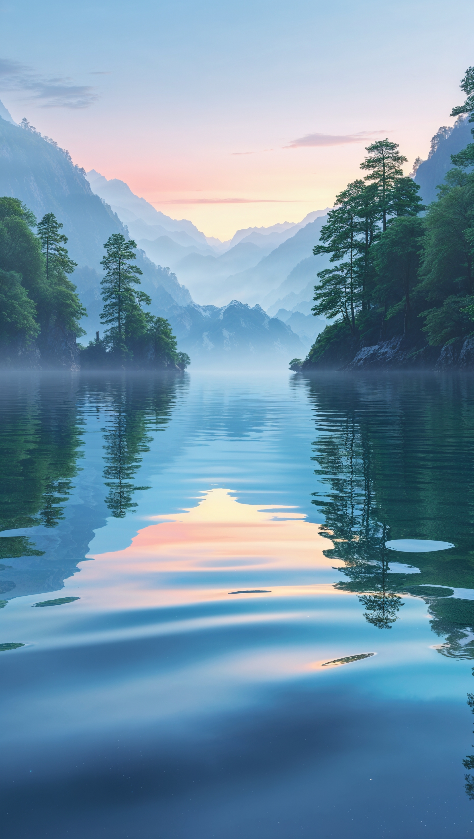 A peaceful mountain lake reflection, ultra-realistic iPhone wallpaper