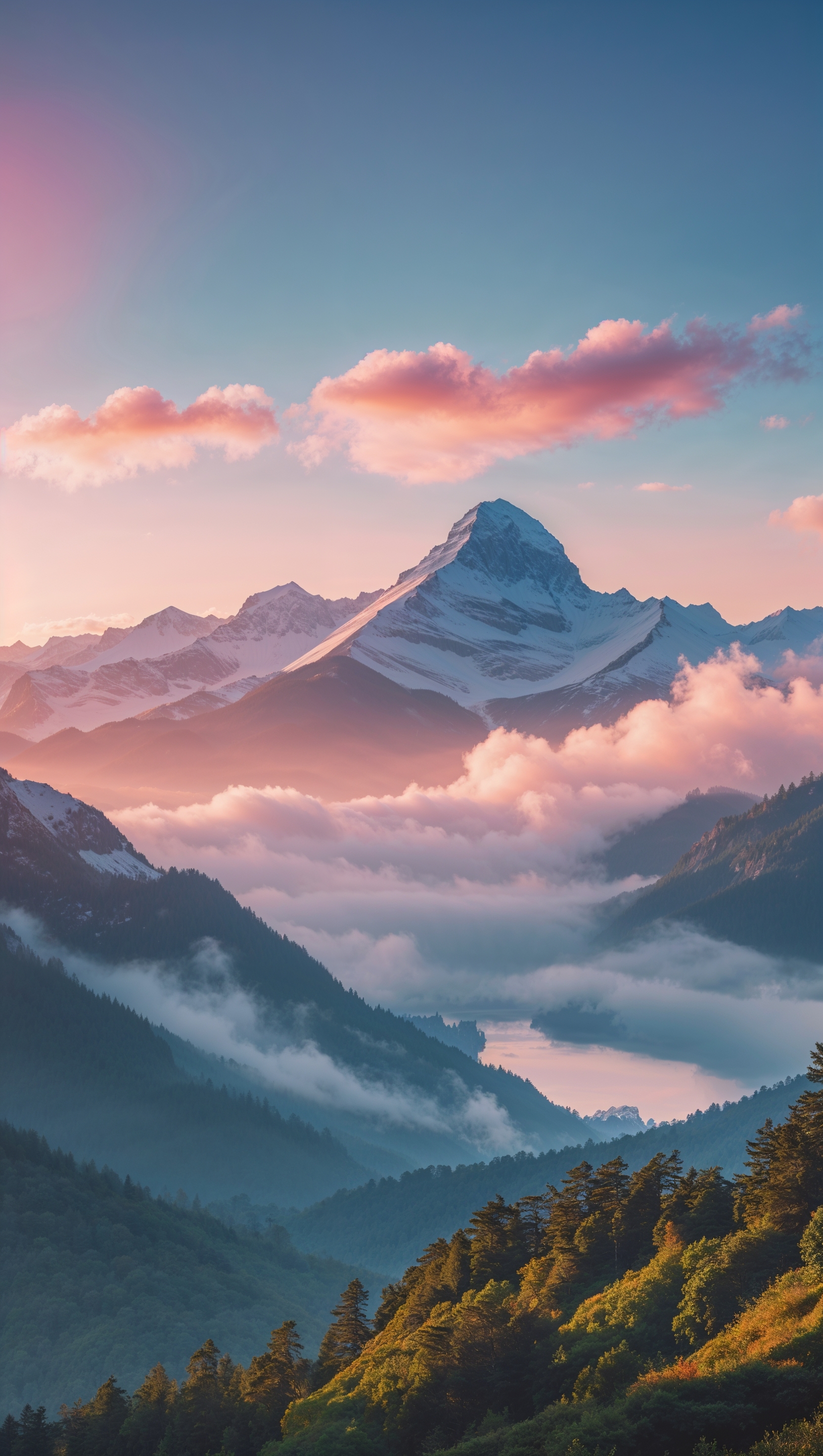 A serene mountain landscape at sunrise, iPhone wallpaper size