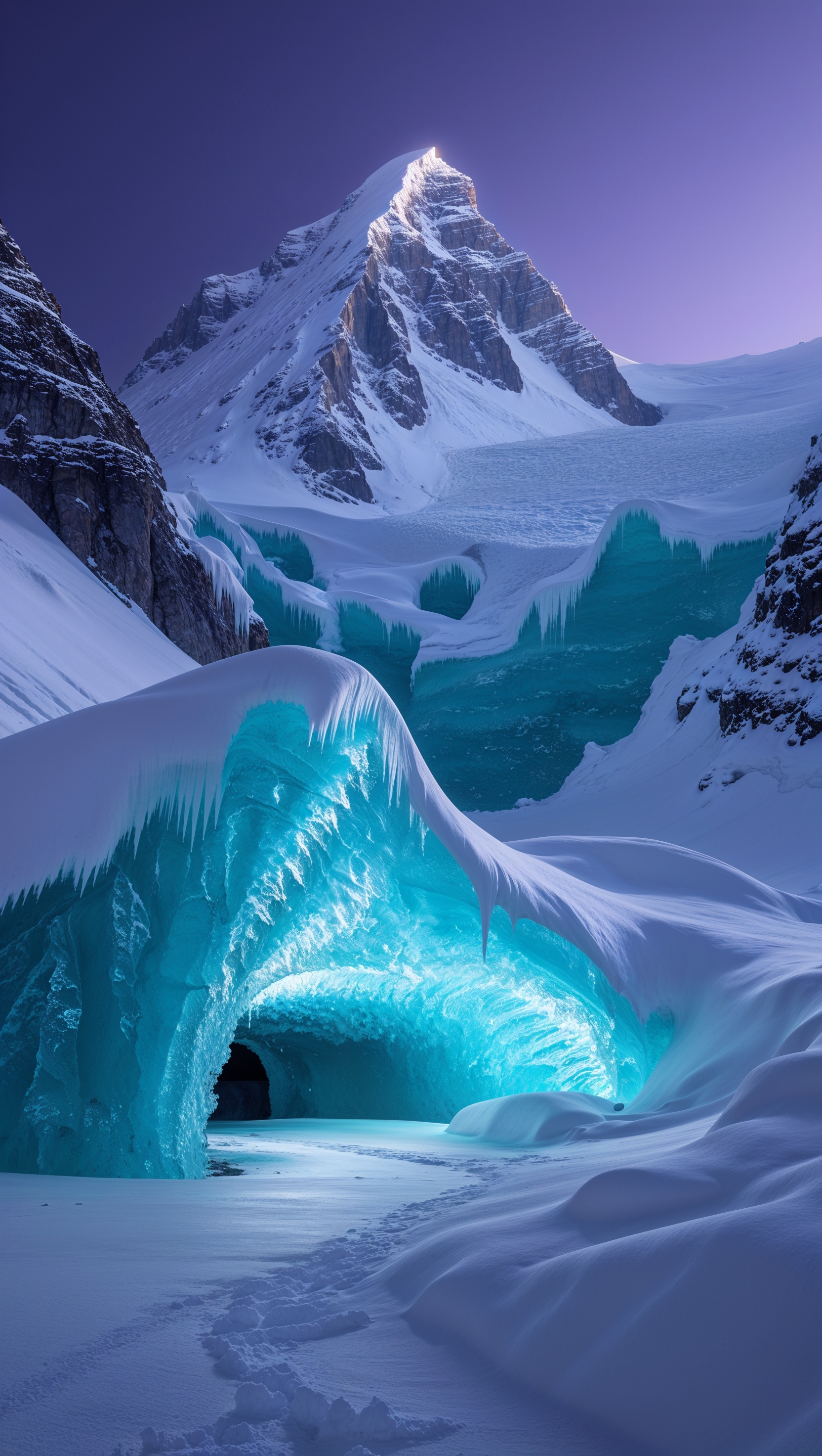 Frozen mountain landscape with glowing blue ice caves