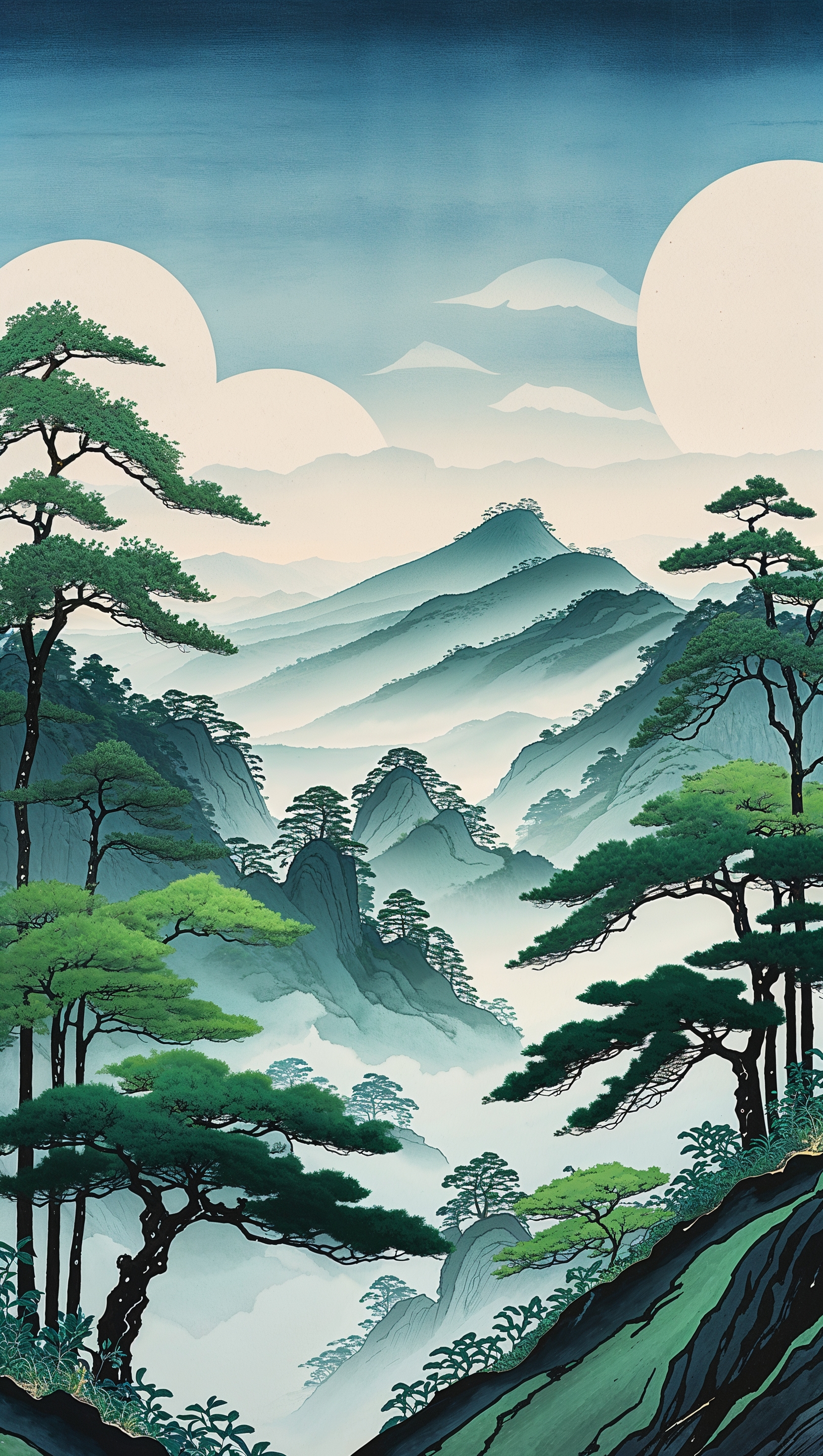 Mountain and forest in Japanese art style, vertical format