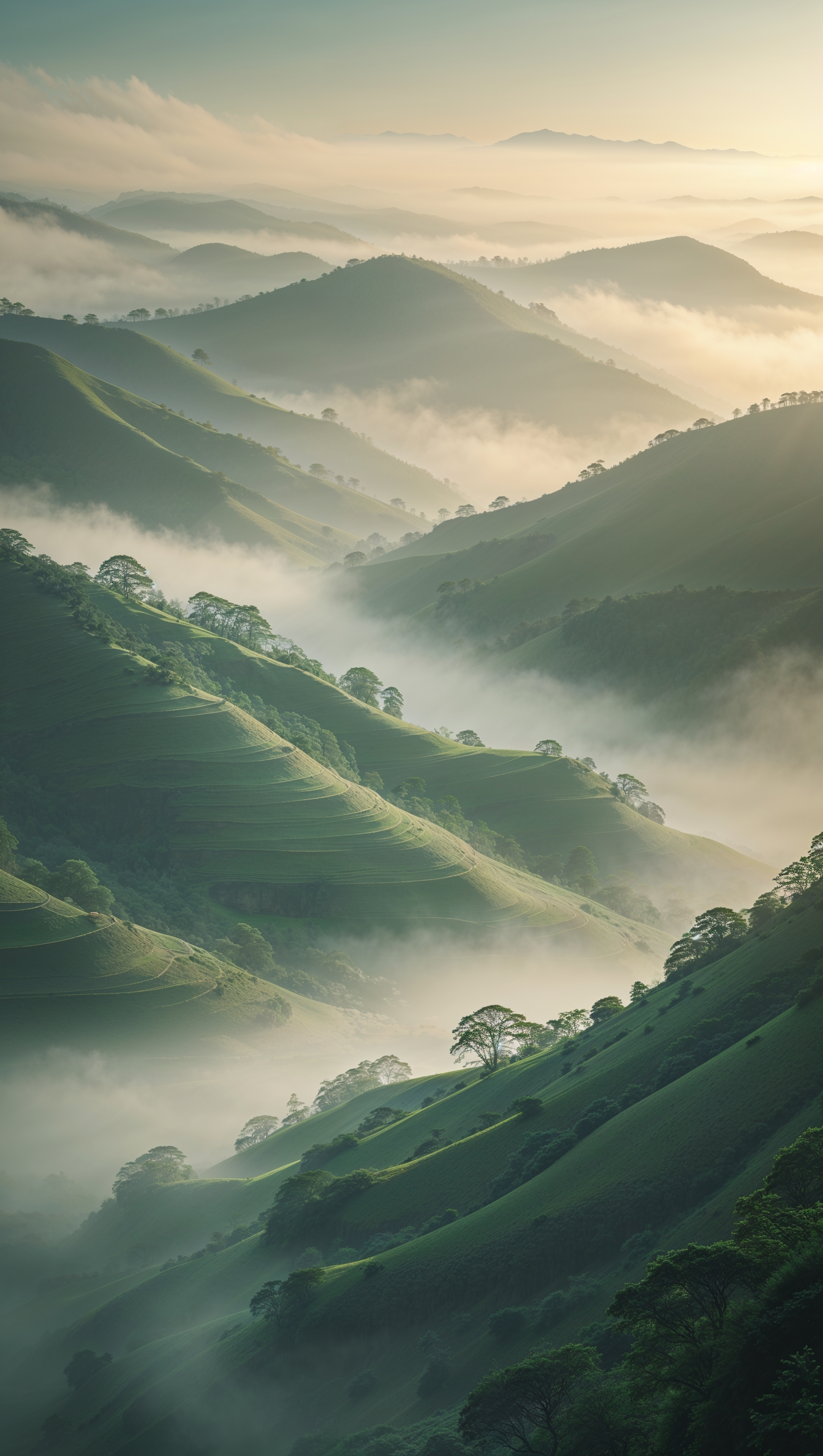 Vertical mountain wallpaper with layered hills and fog