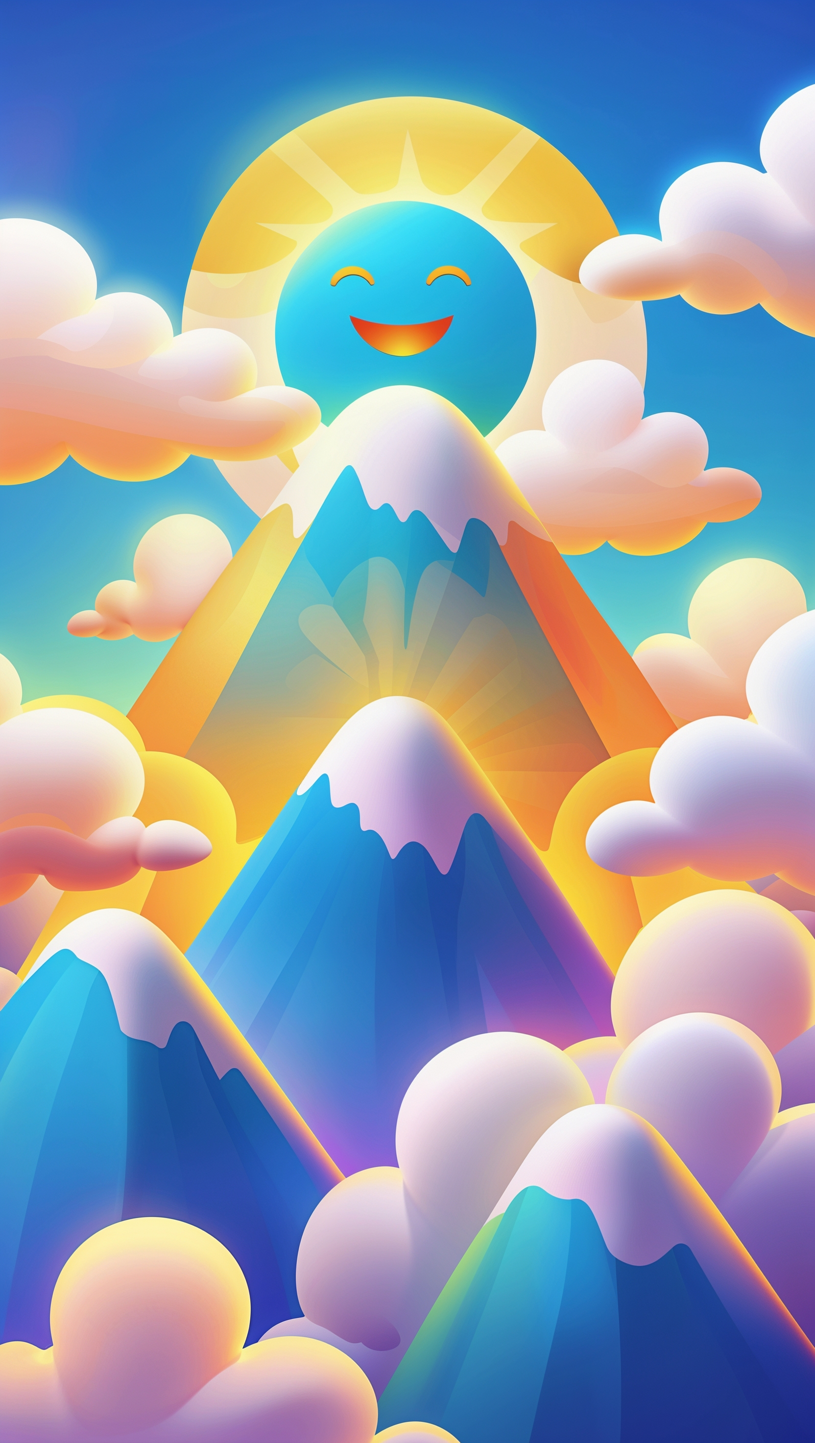 Cartoon-style mountain with a bright sun and happy clouds