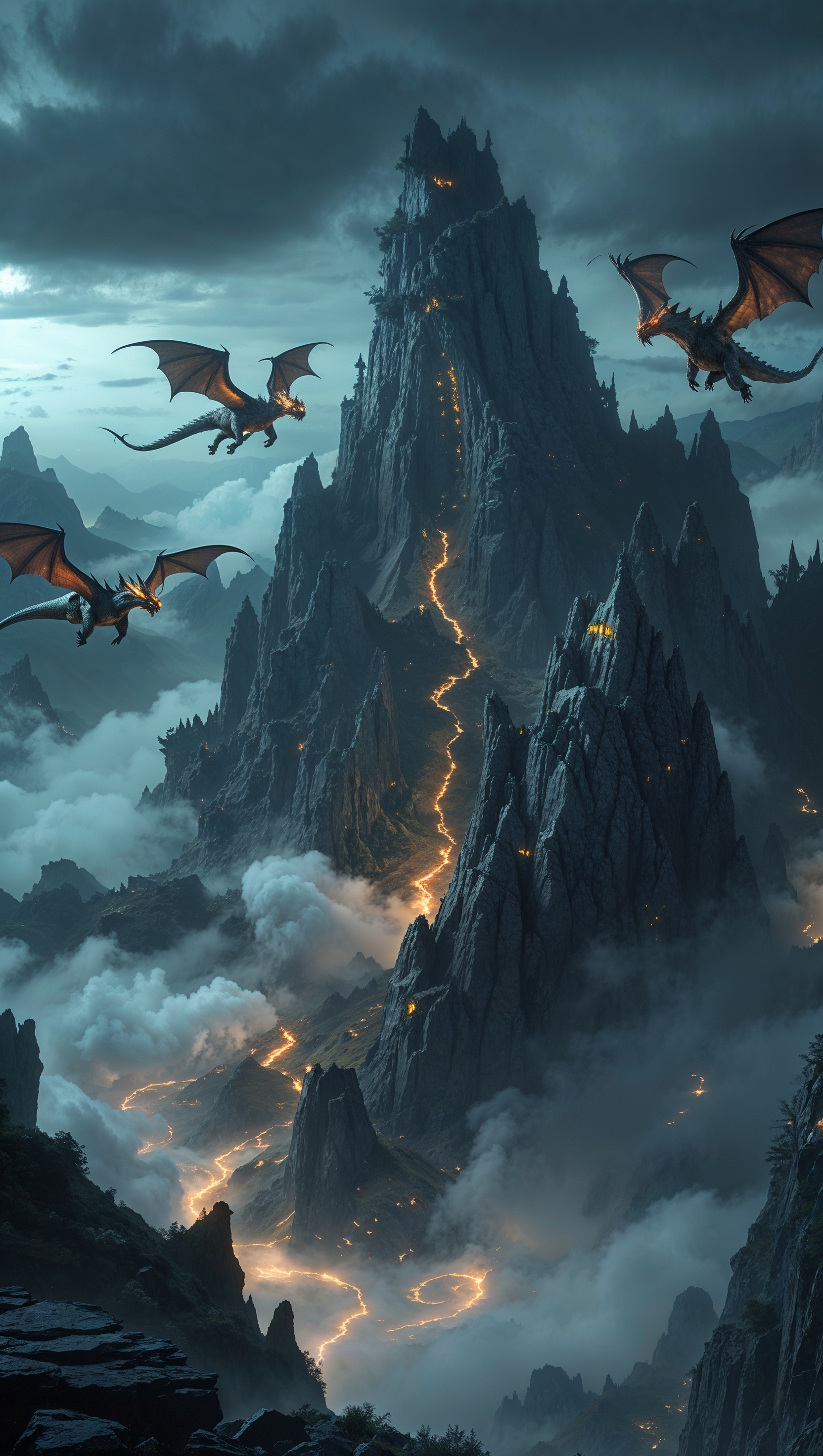 Dark fantasy mountain with dragons flying overhead