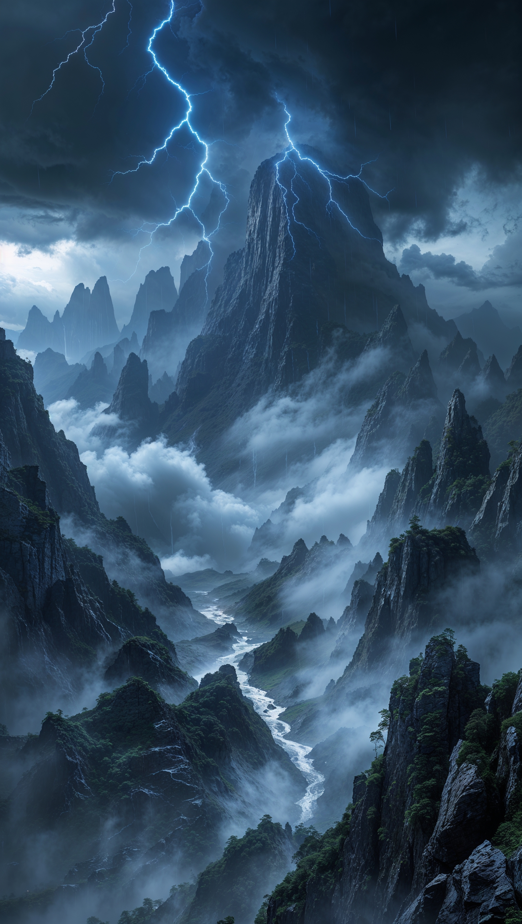 Stormy mountain range with lightning bolts and rain