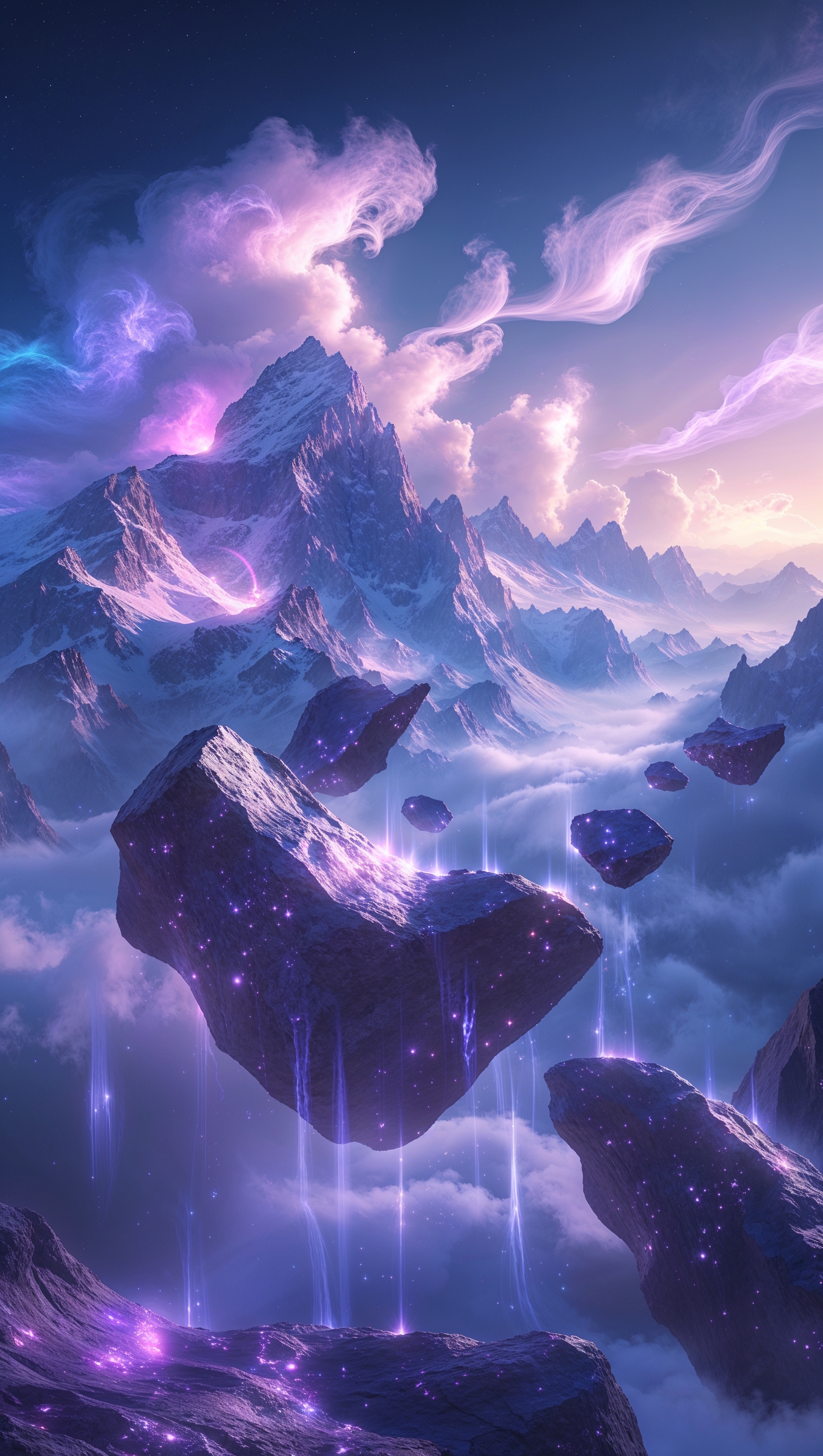 Fantasy mountain with floating rocks and glowing clouds