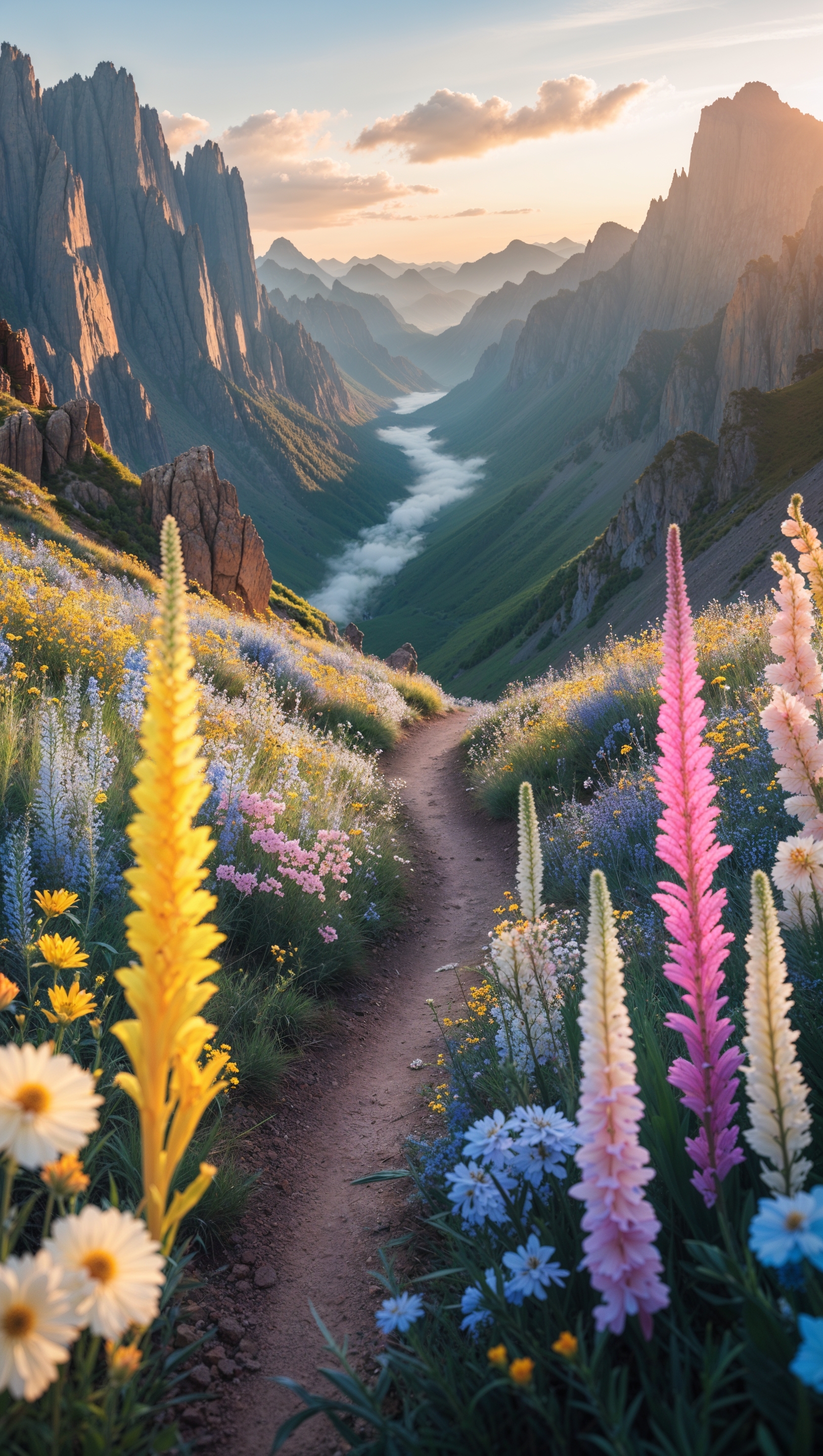 Vertical wallpaper of mountain trail surrounded by wildflowers