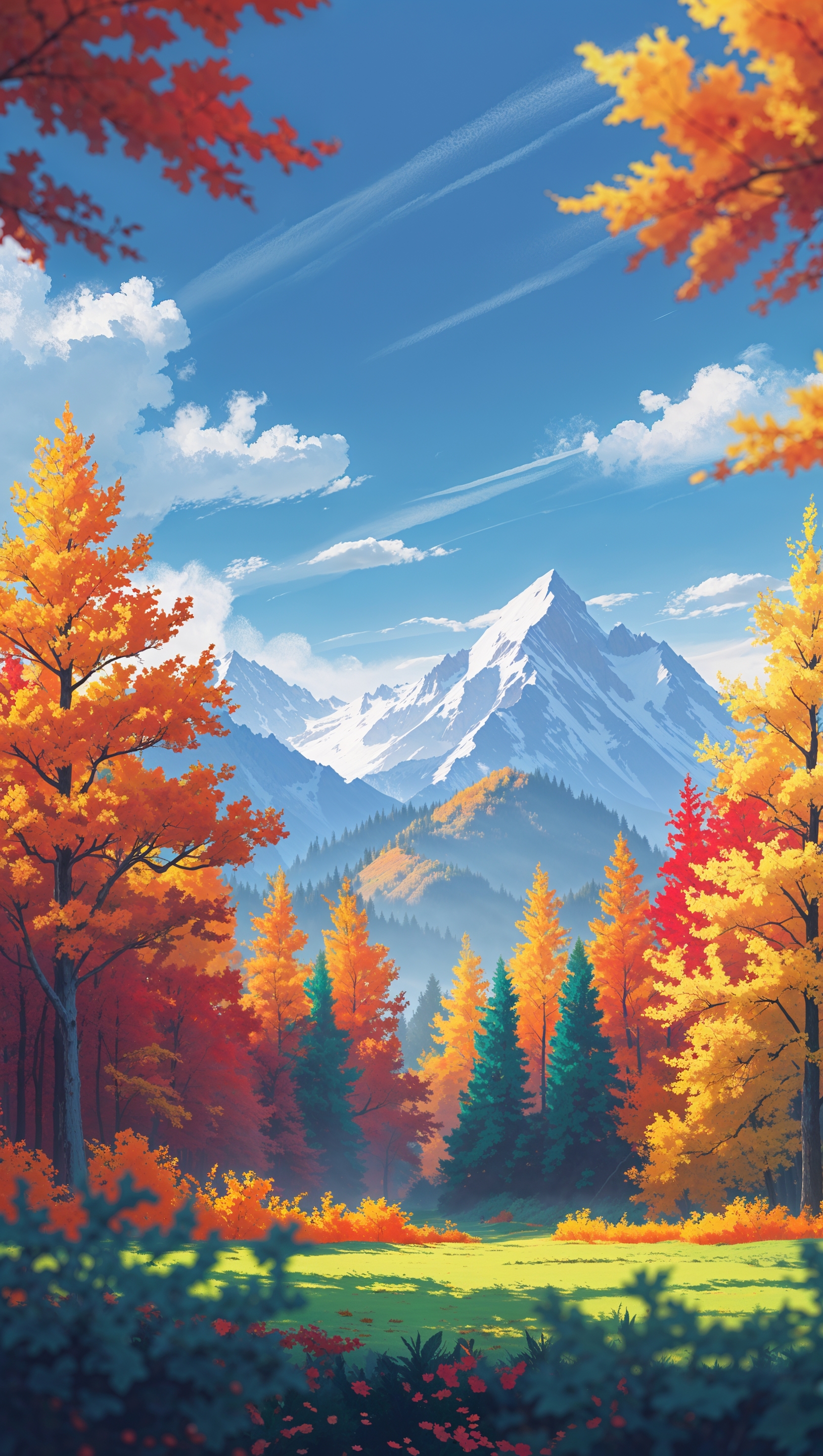 Colorful autumn forest in front of mountains, iPhone lock screen