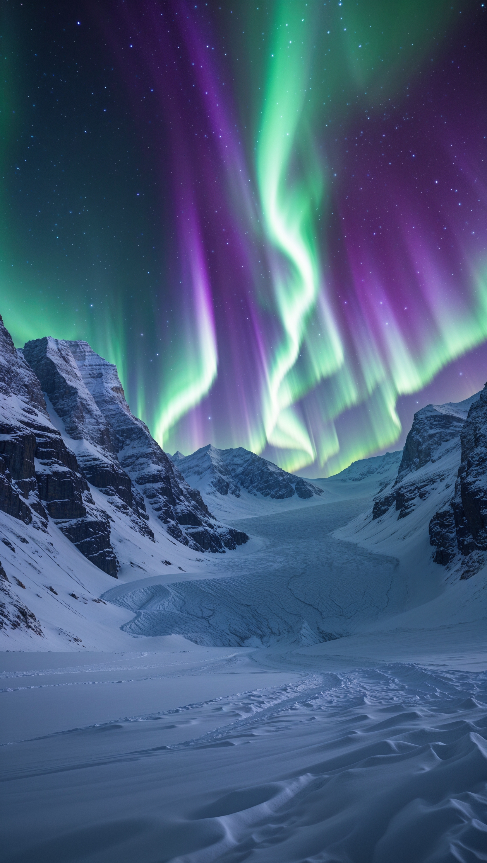 Magical northern lights above snowy mountain range
