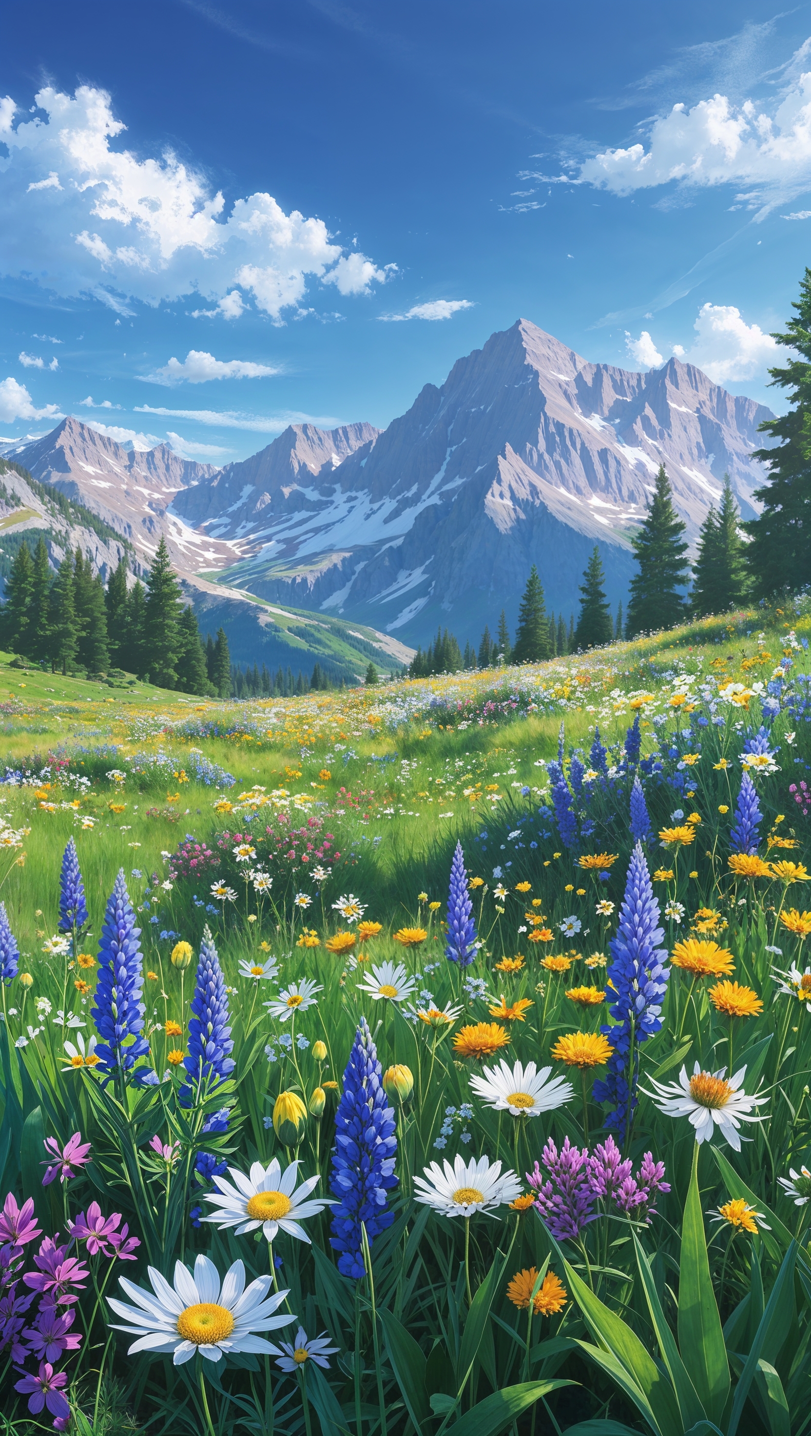 Summer mountain meadow with flowers and clear sky