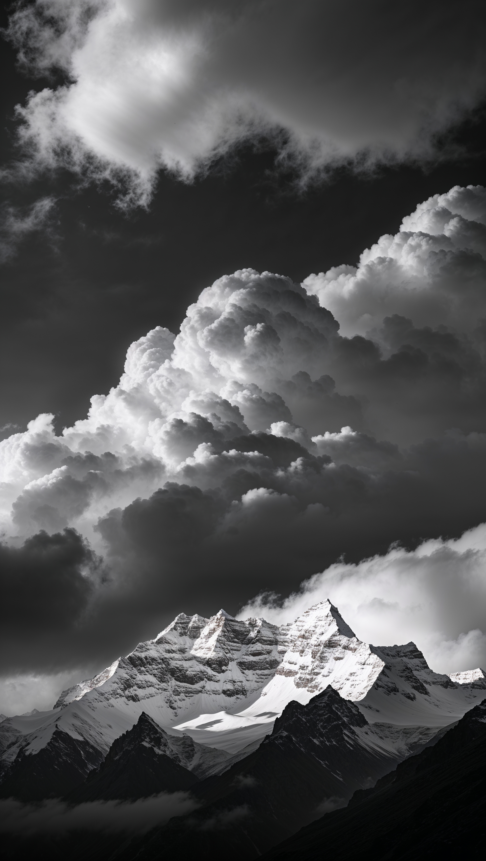 Black and white dramatic mountain photo, high contrast
