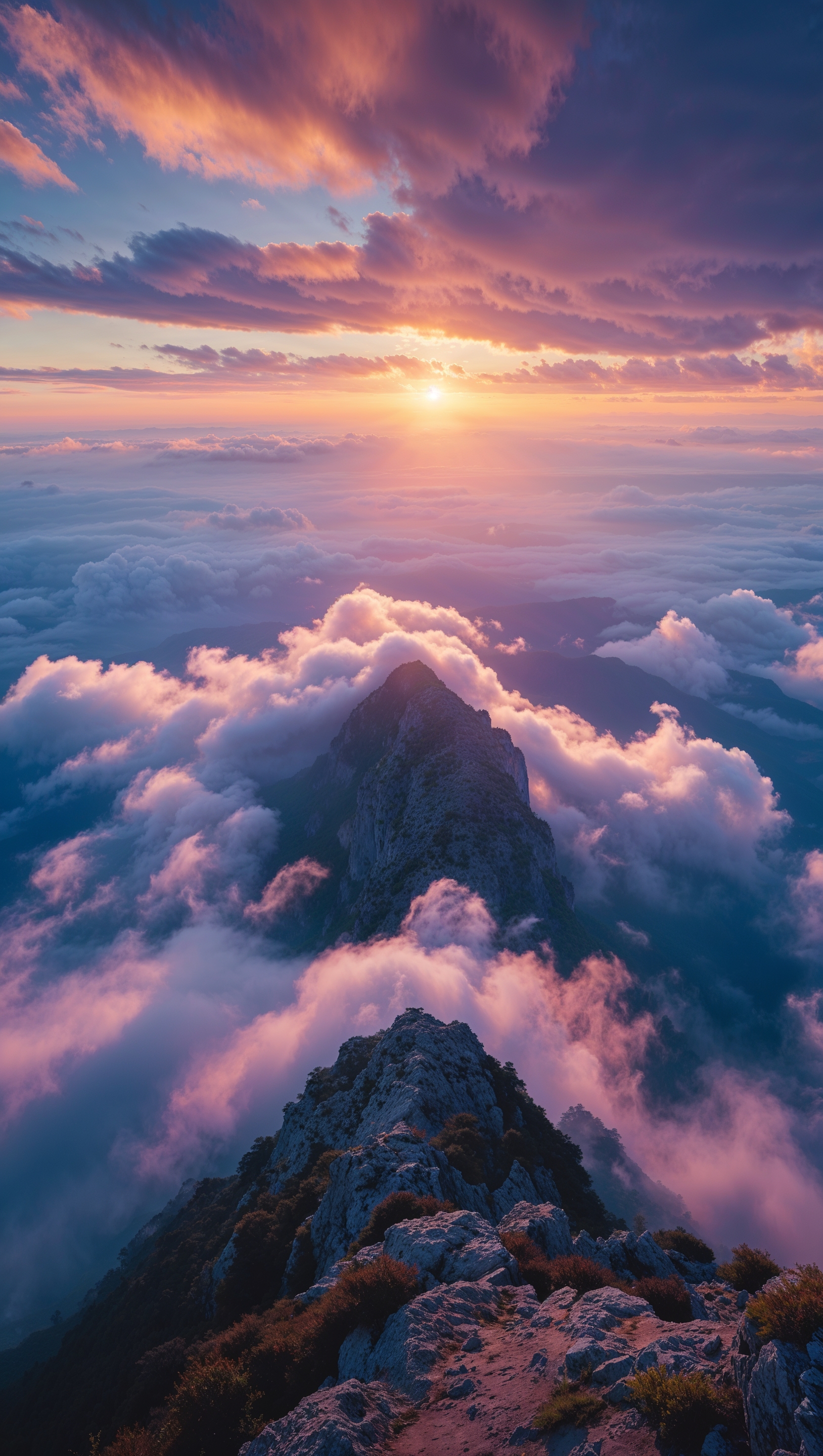 Sunrise from a mountaintop above the clouds, cinematic shot