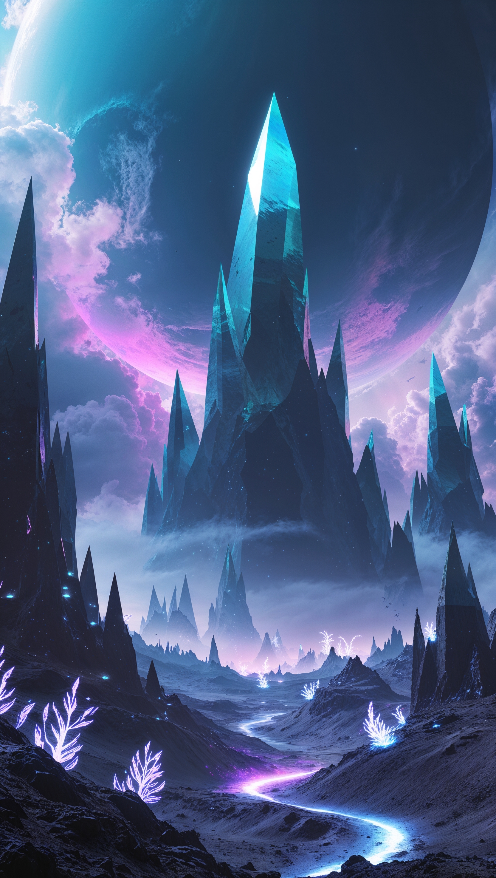 Alien planet with sharp crystal mountains, sci-fi vibe