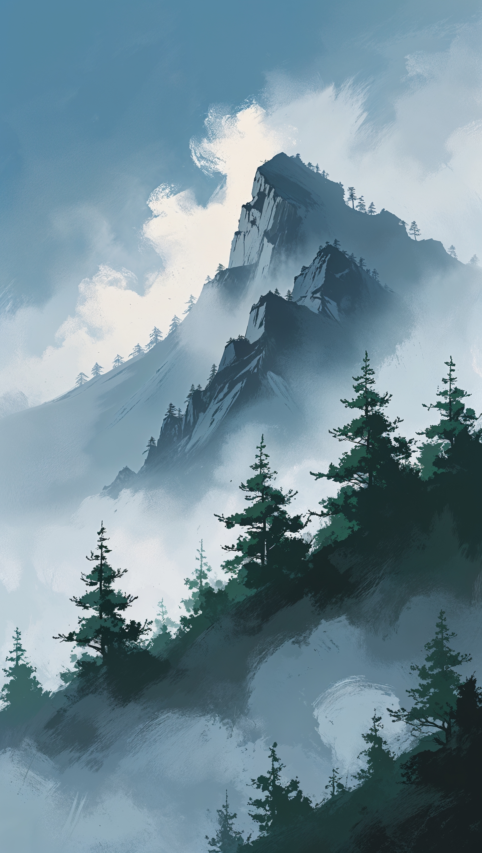 Majestic mountain view with mist and pine trees, minimalist style