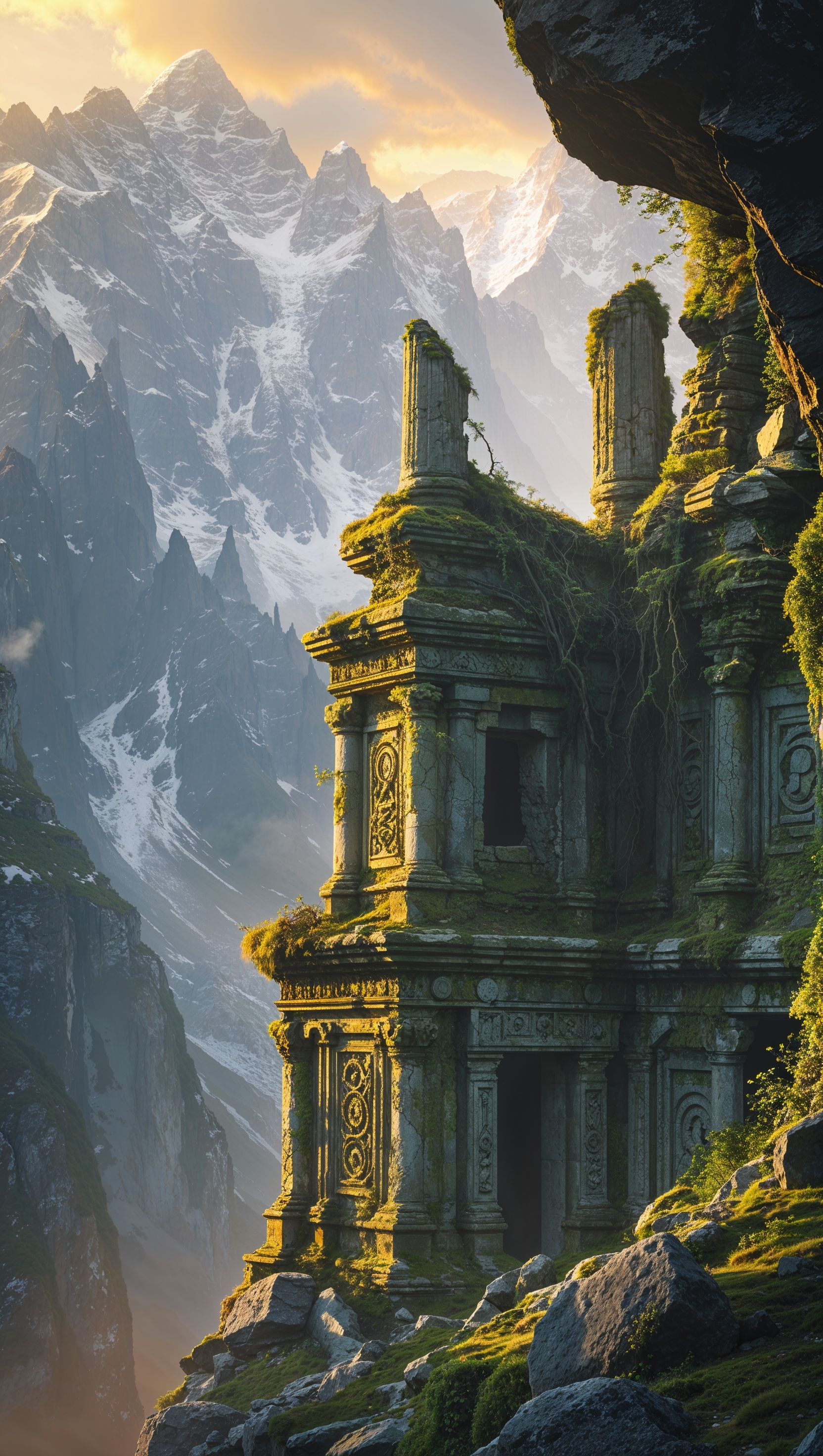 Epic mountain wallpaper with ancient ruins on the cliffs